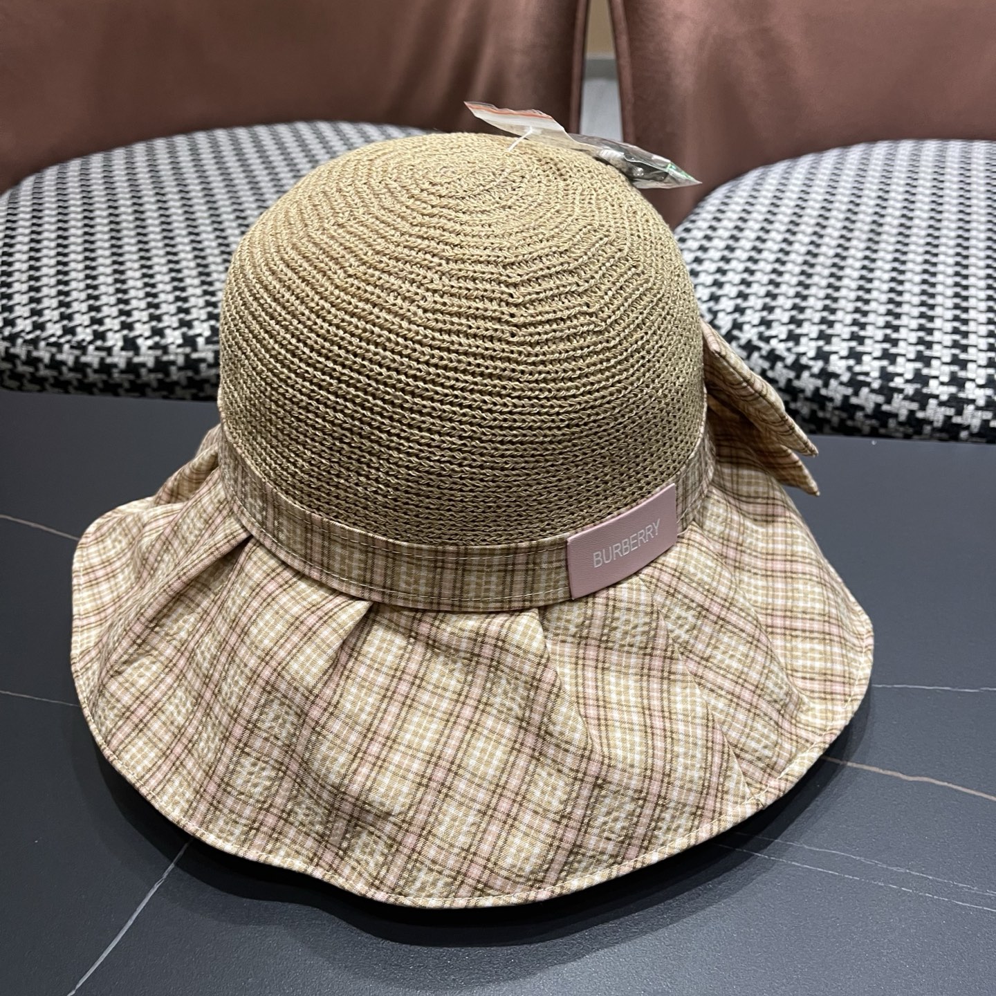 Burberry巴宝莉 遮阳帽女夏季文艺风格纹蝴蝶结休闲 渔夫帽可折叠大檐帽出游穿搭