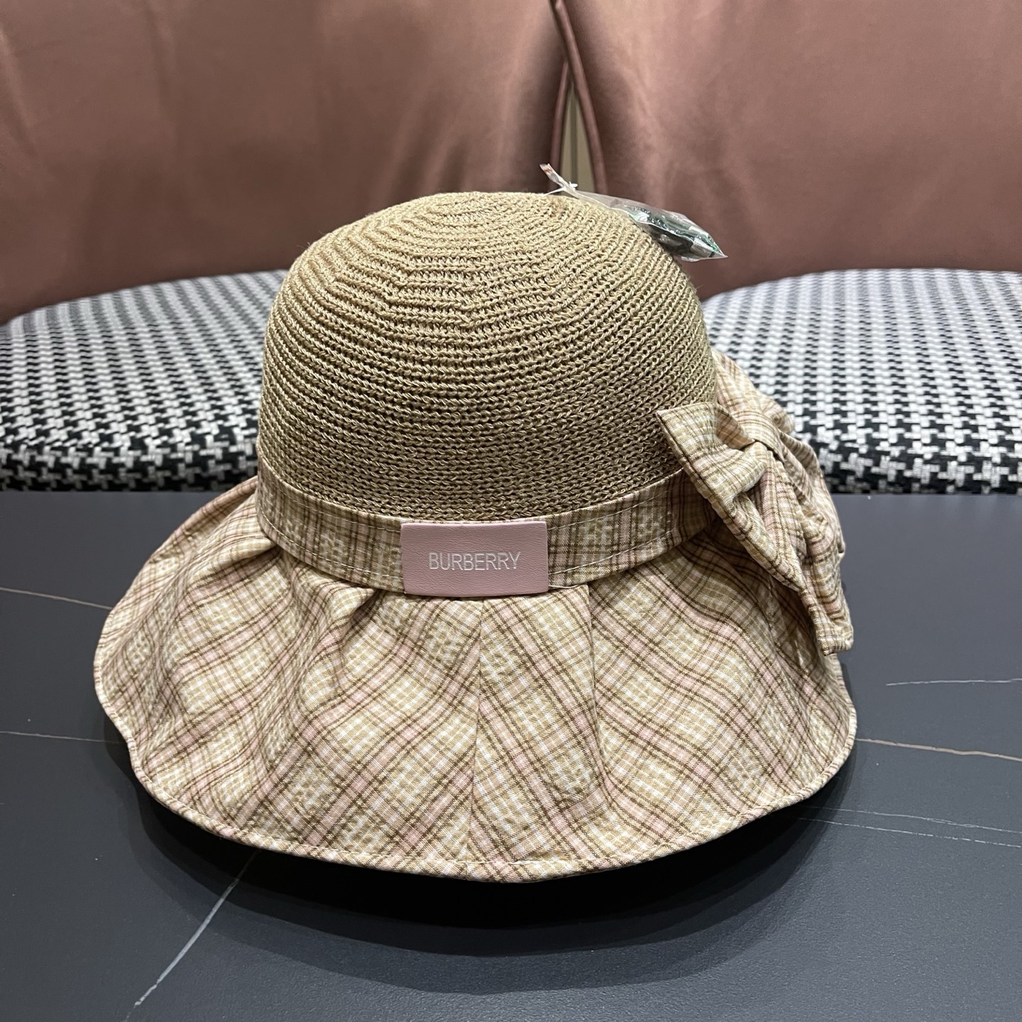 Burberry巴宝莉 遮阳帽女夏季文艺风格纹蝴蝶结休闲 渔夫帽可折叠大檐帽出游穿搭