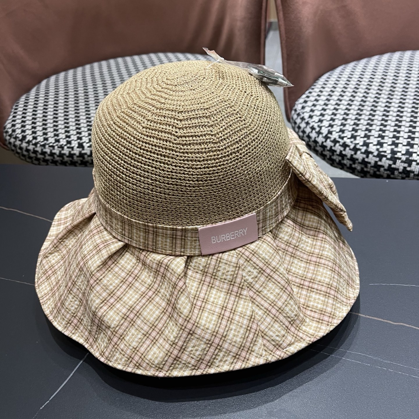 Burberry巴宝莉 遮阳帽女夏季文艺风格纹蝴蝶结休闲 渔夫帽可折叠大檐帽出游穿搭