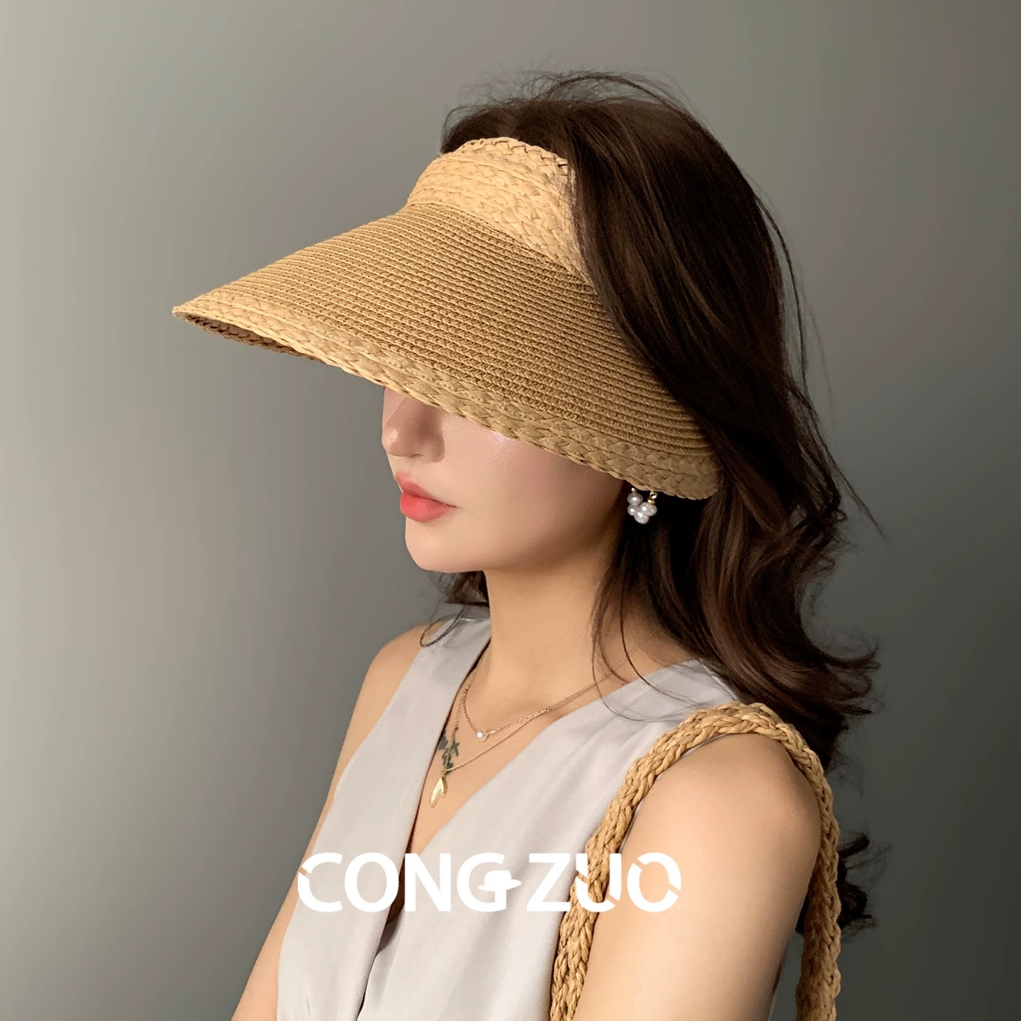 PRADA普拉达 原创加大高定草帽女夏季发 箍遮阳帽防晒显脸小大檐空顶帽
