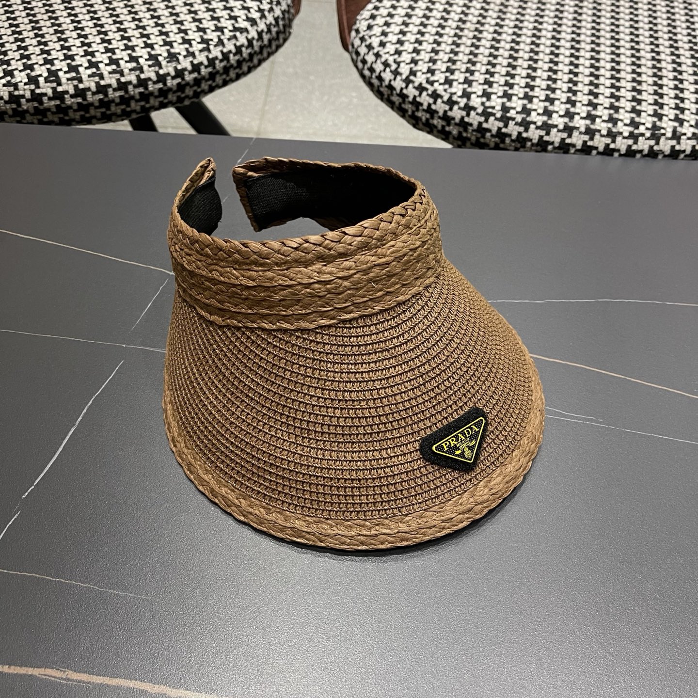 PRADA普拉达 原创加大高定草帽女夏季发 箍遮阳帽防晒显脸小大檐空顶帽