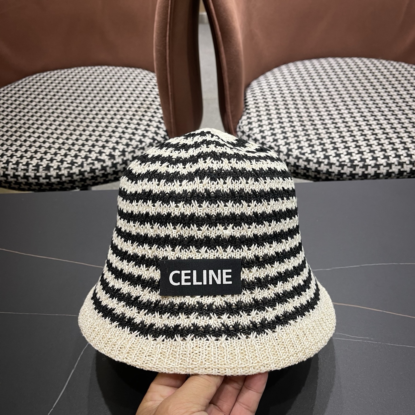 Celine 赛琳 韩版小清新条纹镂空渔夫帽子女春夏 薄款透气遮阳百搭盆帽显脸小