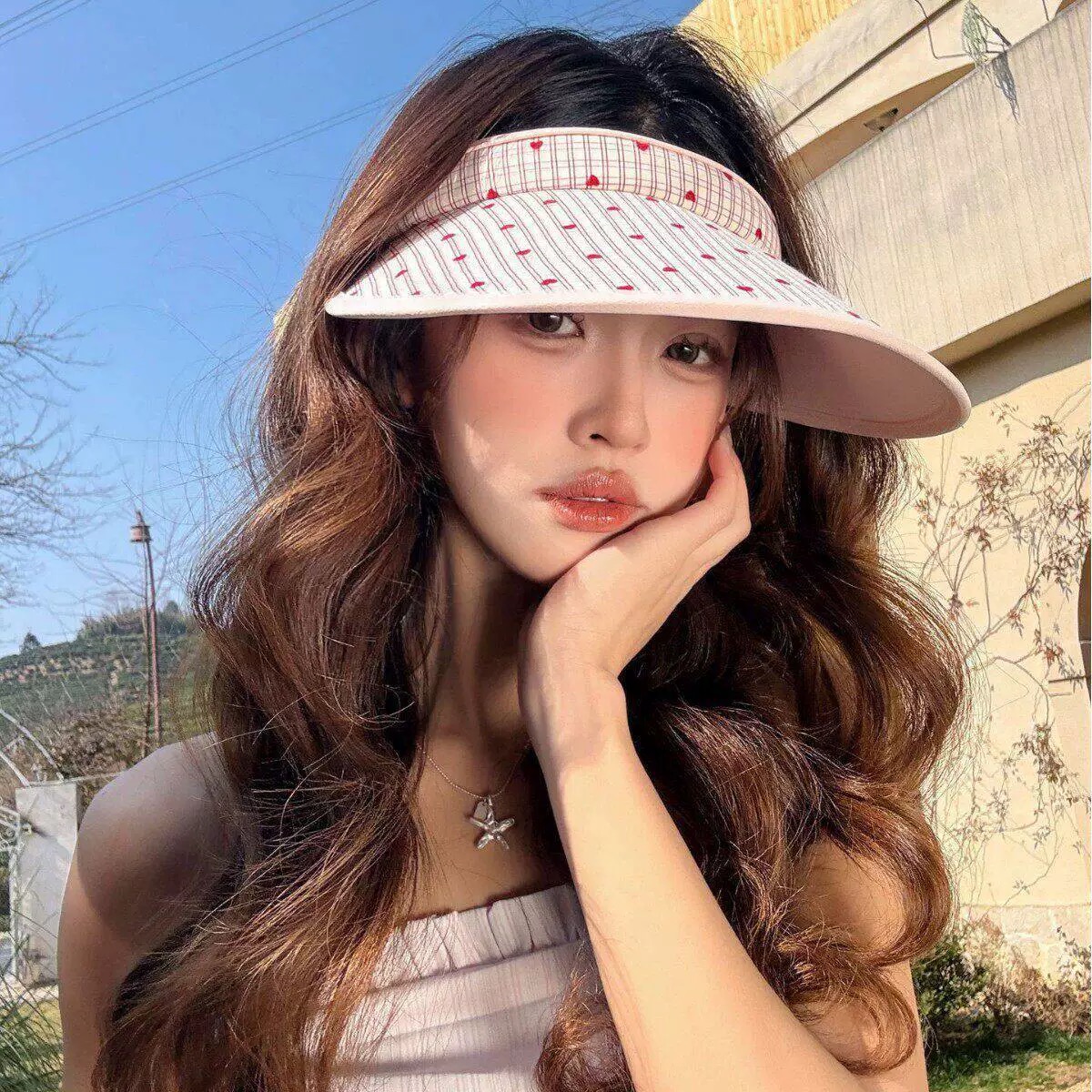 Fendi 芬迪 小清新粉色空顶帽女夏季新款大帽檐户外防紫外线遮阳防晒帽子