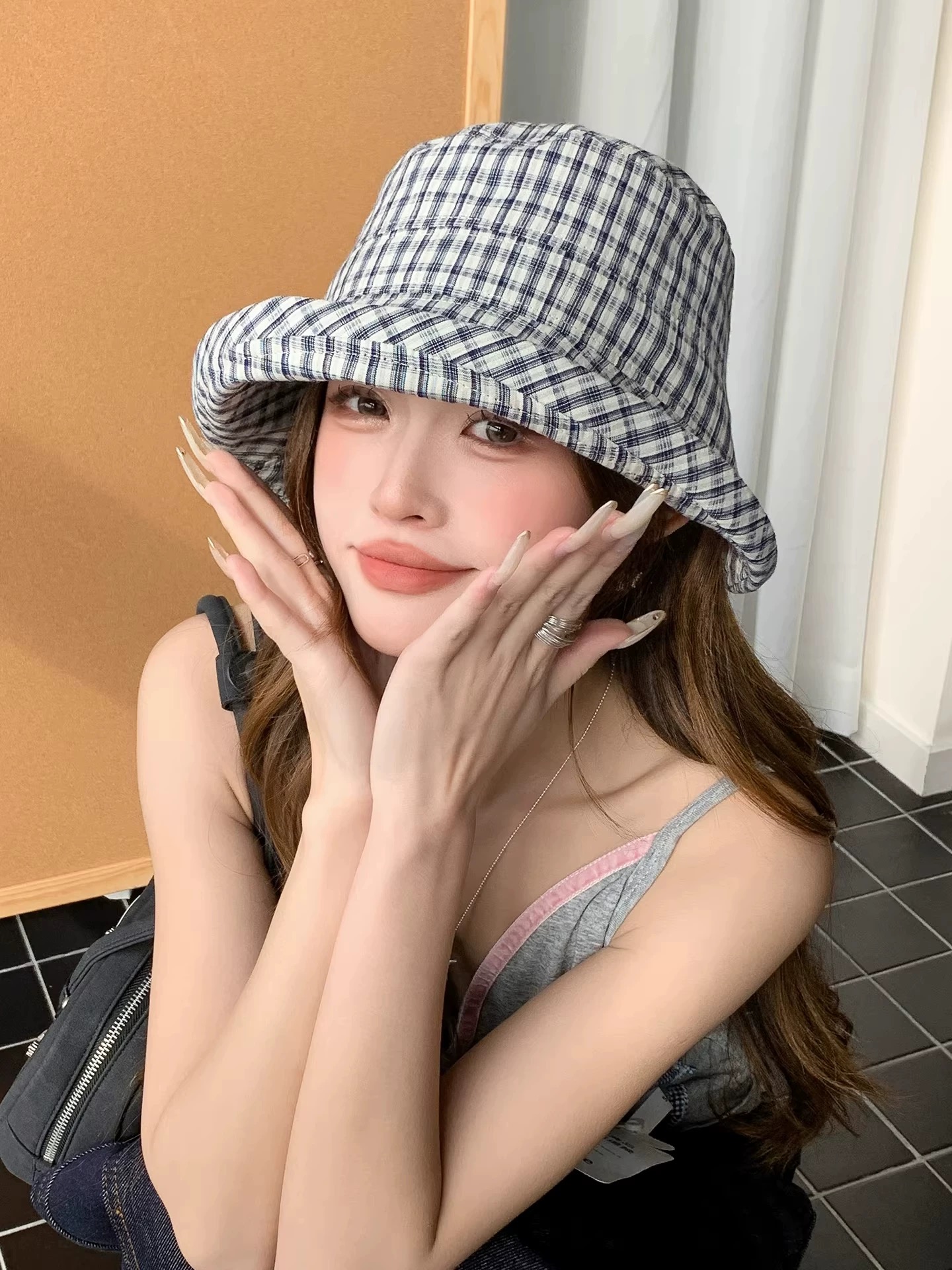 Celine 赛琳 2026新款格纹渔夫帽子女春夏户外遮阳防晒帽宽 檐先联系可折叠盆帽