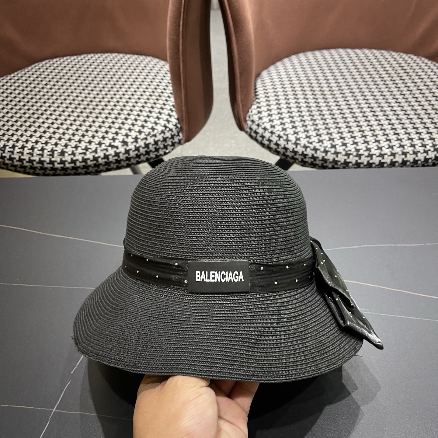 Balenciaga巴黎世家 法国欧洲风小檐礼帽女蝴蝶结盆帽优雅遮阳防晒渔 夫帽出游逛街草帽 