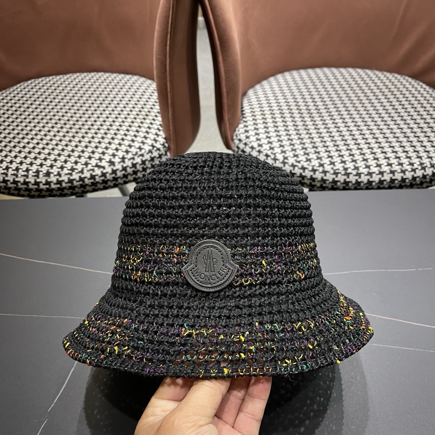 MONCLER（蒙口） 夏季针织镂空防晒遮阳渔夫帽女薄款透气彩色度假风编织草帽盆帽子