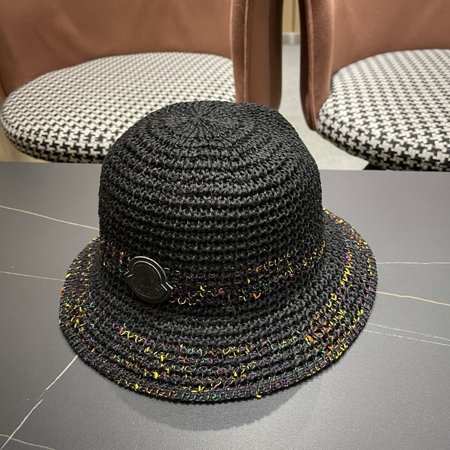 MONCLER（蒙口） 夏季针织镂空防晒遮阳渔夫帽女薄款透气彩色度假风编织草帽盆帽子
