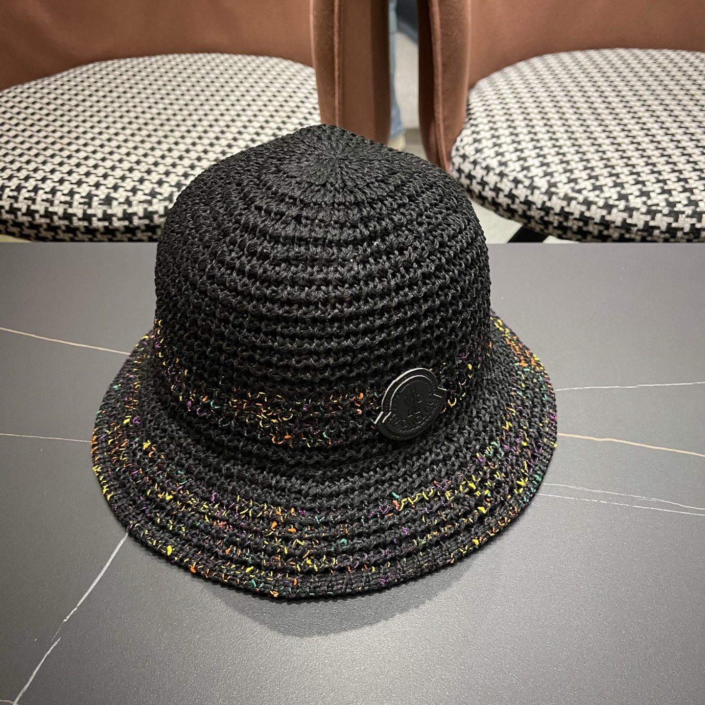MONCLER（蒙口） 夏季针织镂空防晒遮阳渔夫帽女薄款透气彩色度假风编织草帽盆帽子