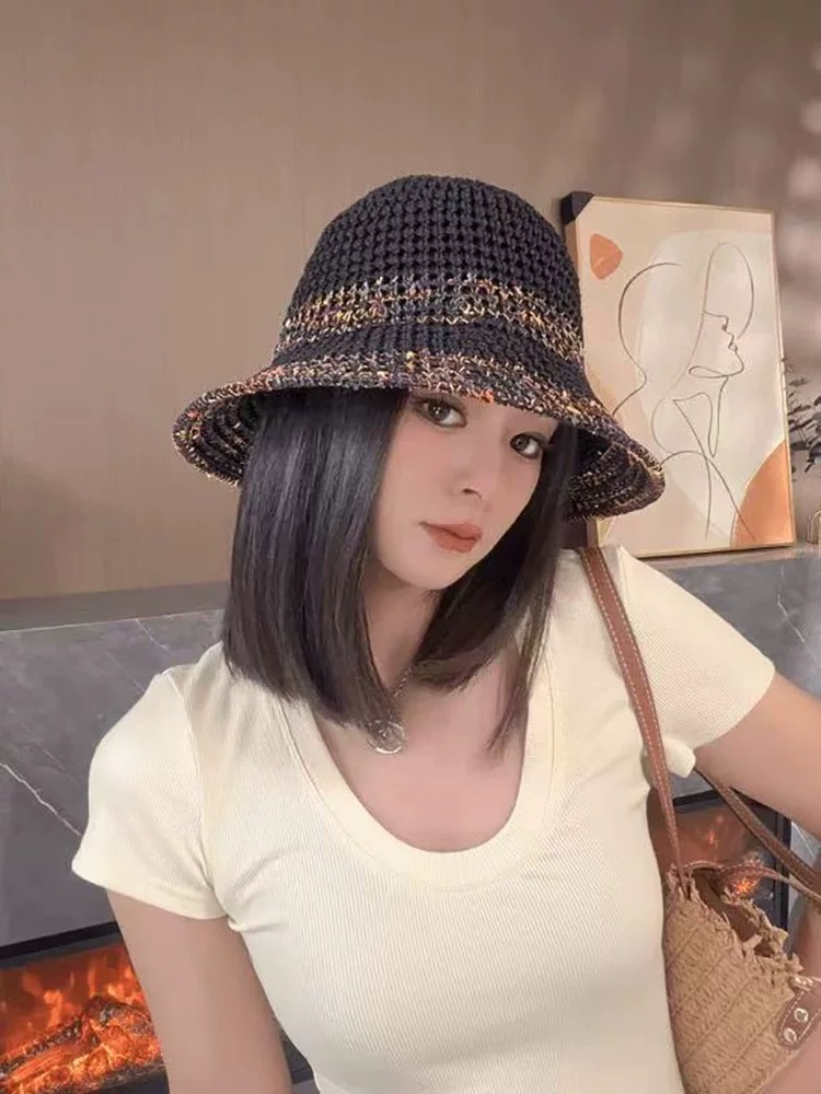 MONCLER（蒙口） 夏季针织镂空防晒遮阳渔夫帽女薄款透气彩色度假风编织草帽盆帽子