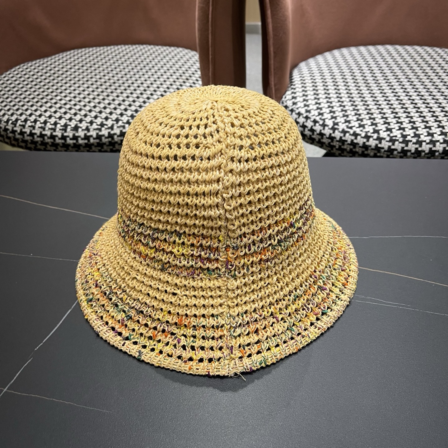 MONCLER（蒙口） 夏季针织镂空防晒遮阳渔夫帽女薄款透气彩色度假风编织草帽盆帽子