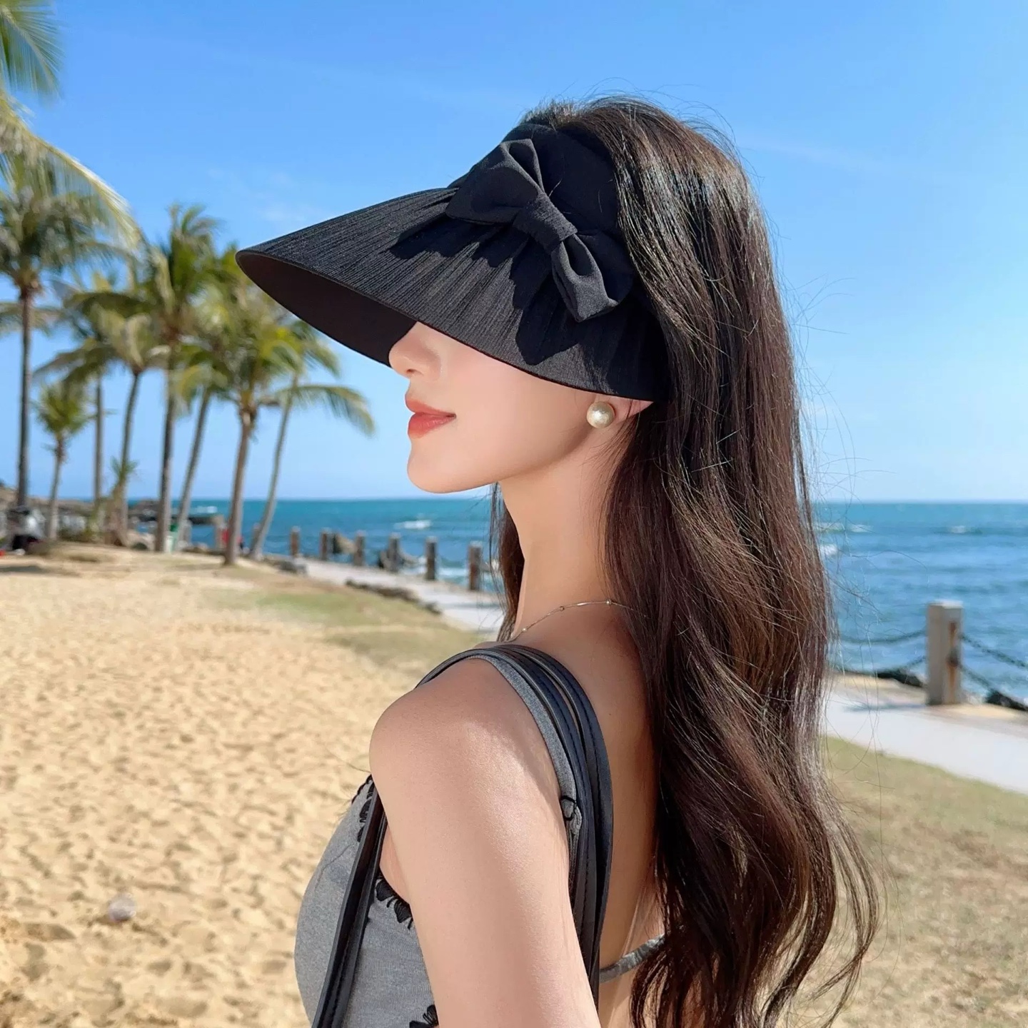 CHANEL 香奈儿 日系防晒空顶帽女夏季薄纱蝴蝶结防晒遮阳帽可折叠大檐太阳帽渔夫