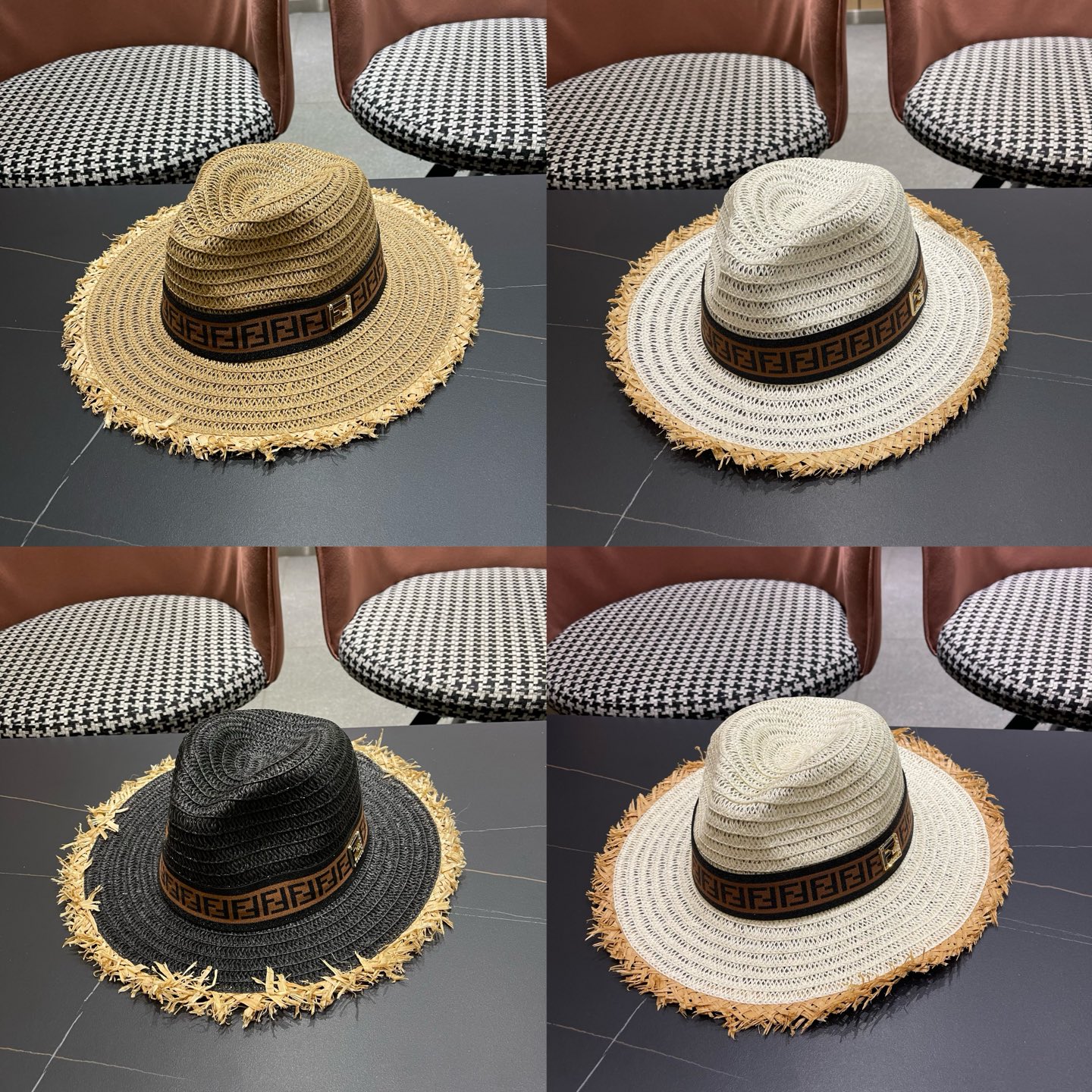 FENDI芬迪 英伦复古巴拿马毛边草帽女春夏遮阳防晒爵士礼帽出游沙滩度假帽子