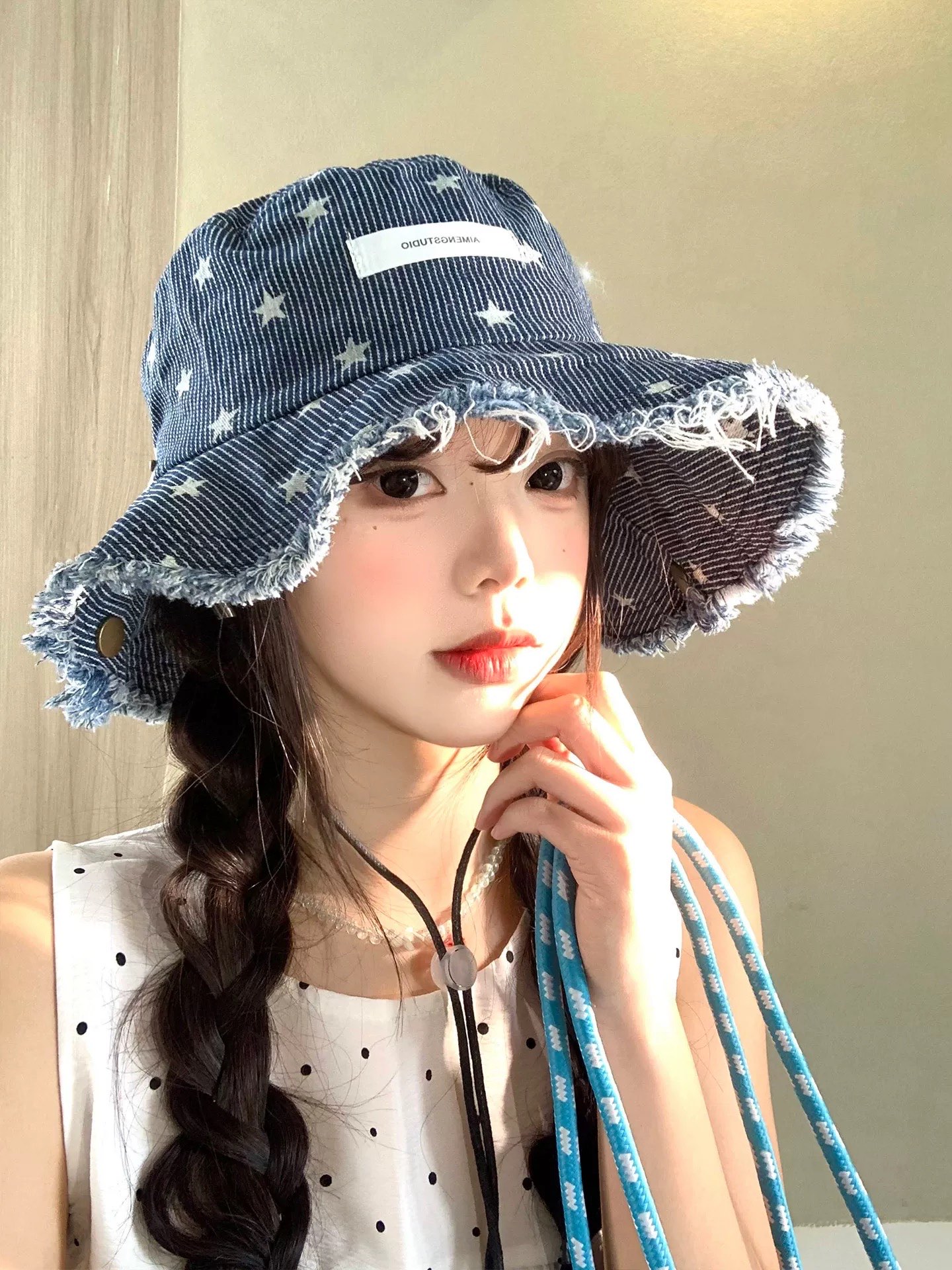 Celine 赛琳 星星条纹牛仔渔夫帽女春夏大帽檐系带显脸 小盆帽户外徒步登山帽子