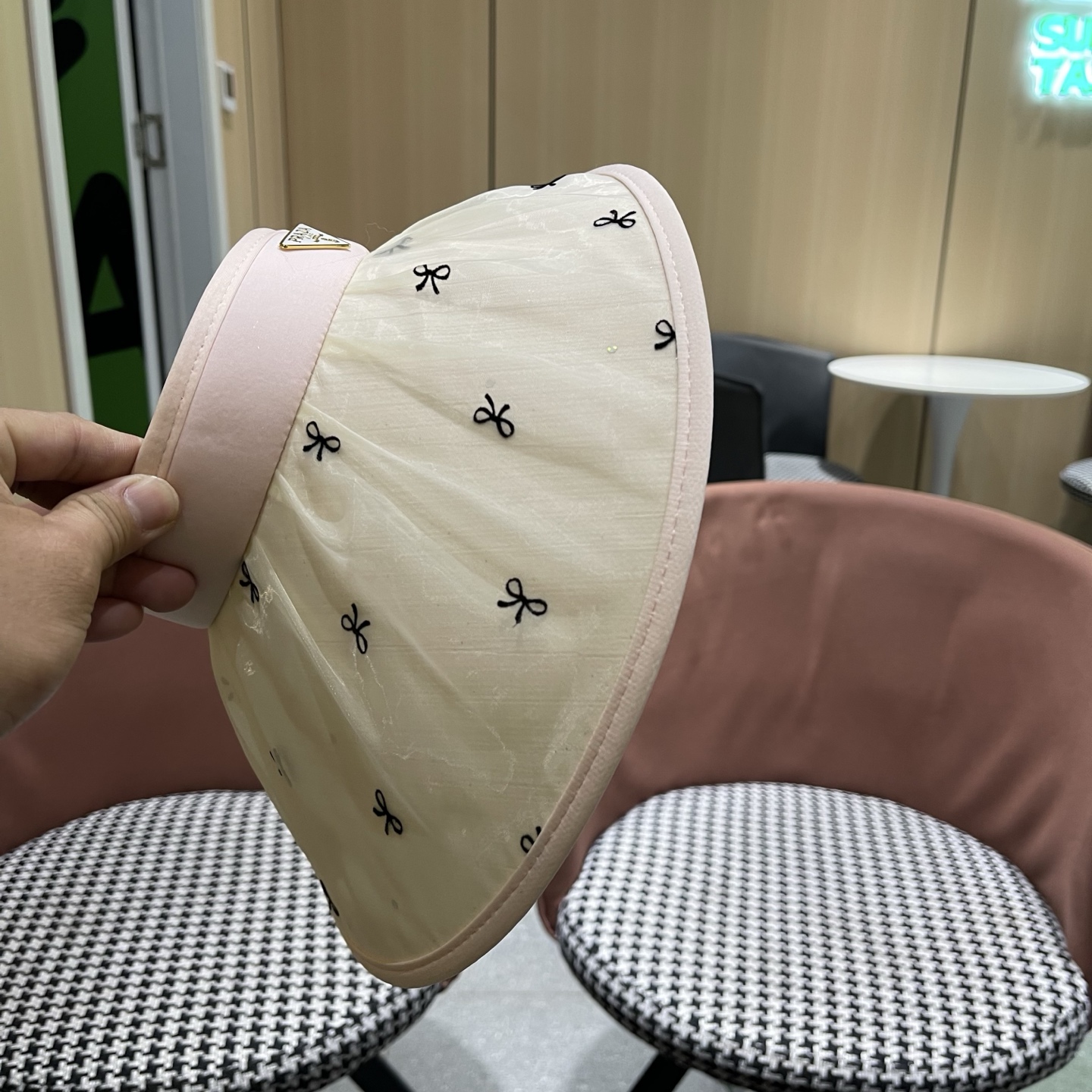 PRADA普拉达 空顶帽可折叠蕾丝夏季防晒遮阳帽大帽 檐防紫外线编织太阳帽子