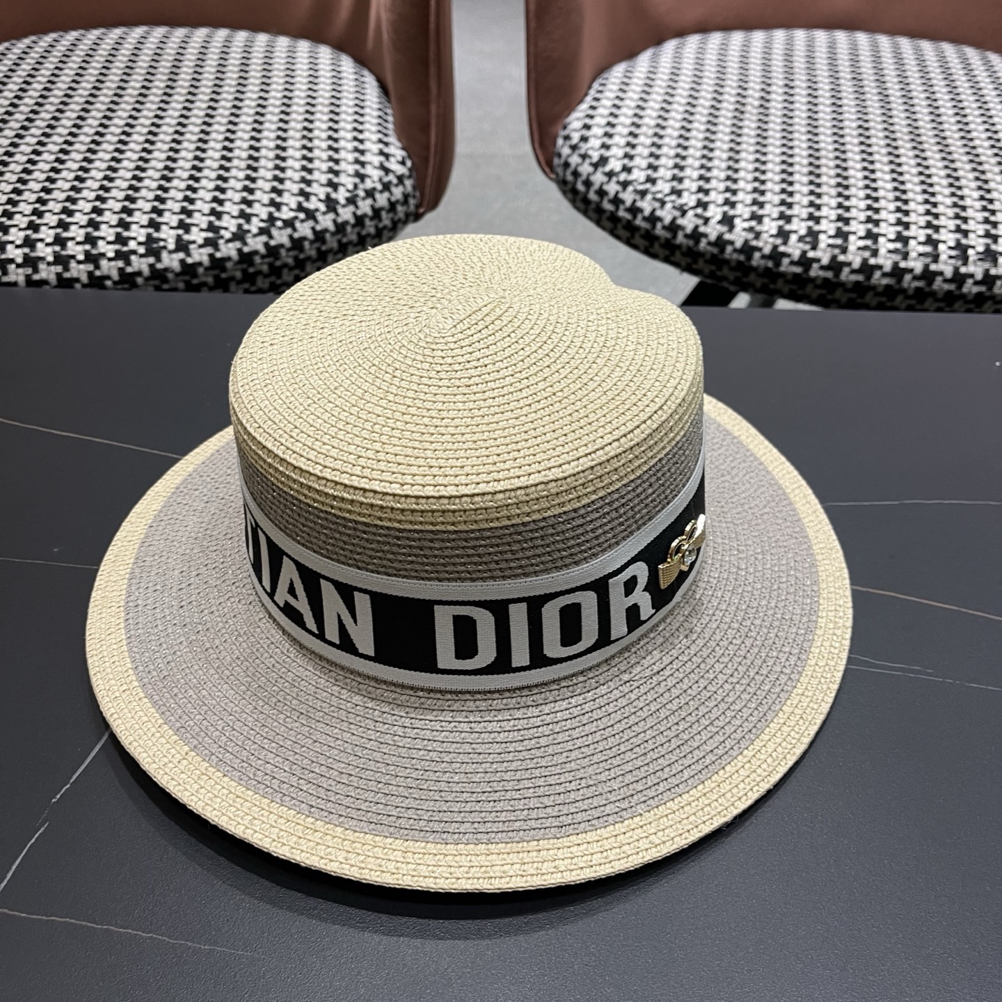 Dior迪奥新款拼色平顶草帽 头围57cm