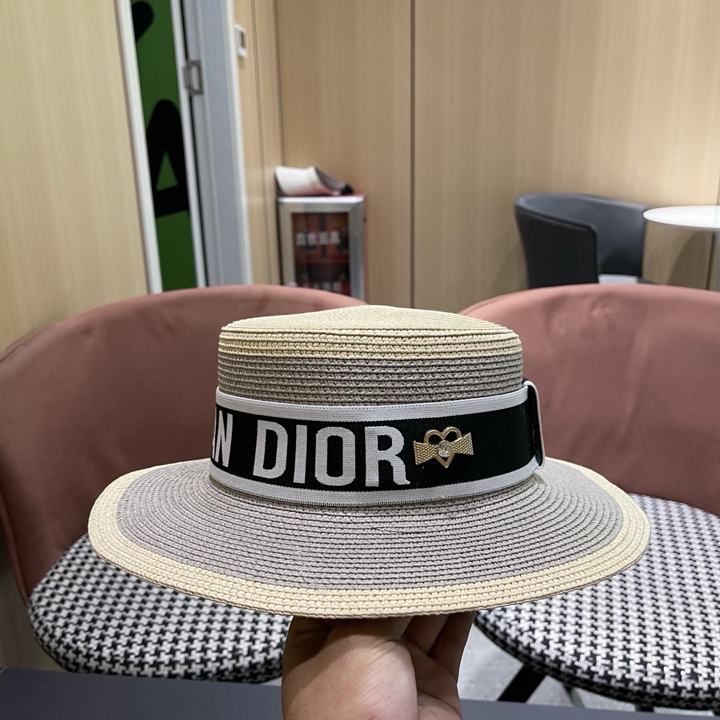 Dior迪奥新款拼色平顶草帽 头围57cm