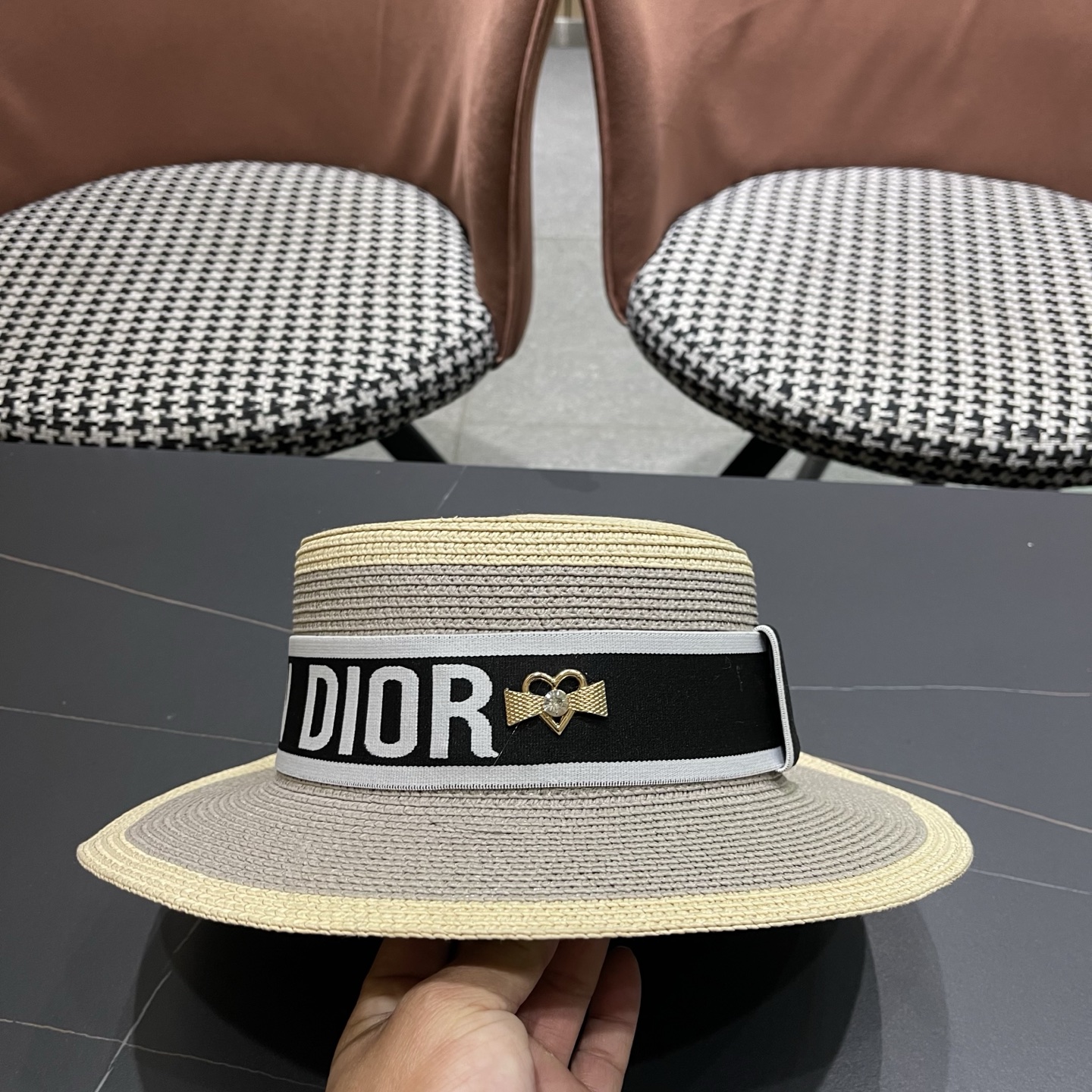 Dior迪奥新款拼色平顶草帽 头围57cm