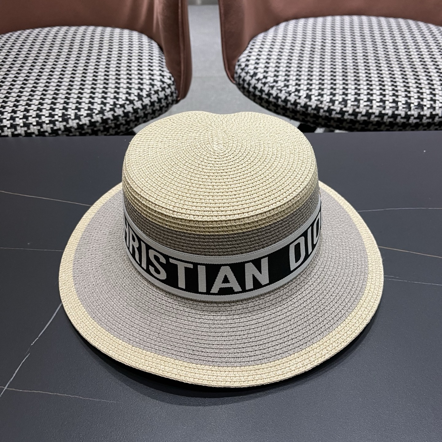 Dior迪奥新款拼色平顶草帽 头围57cm