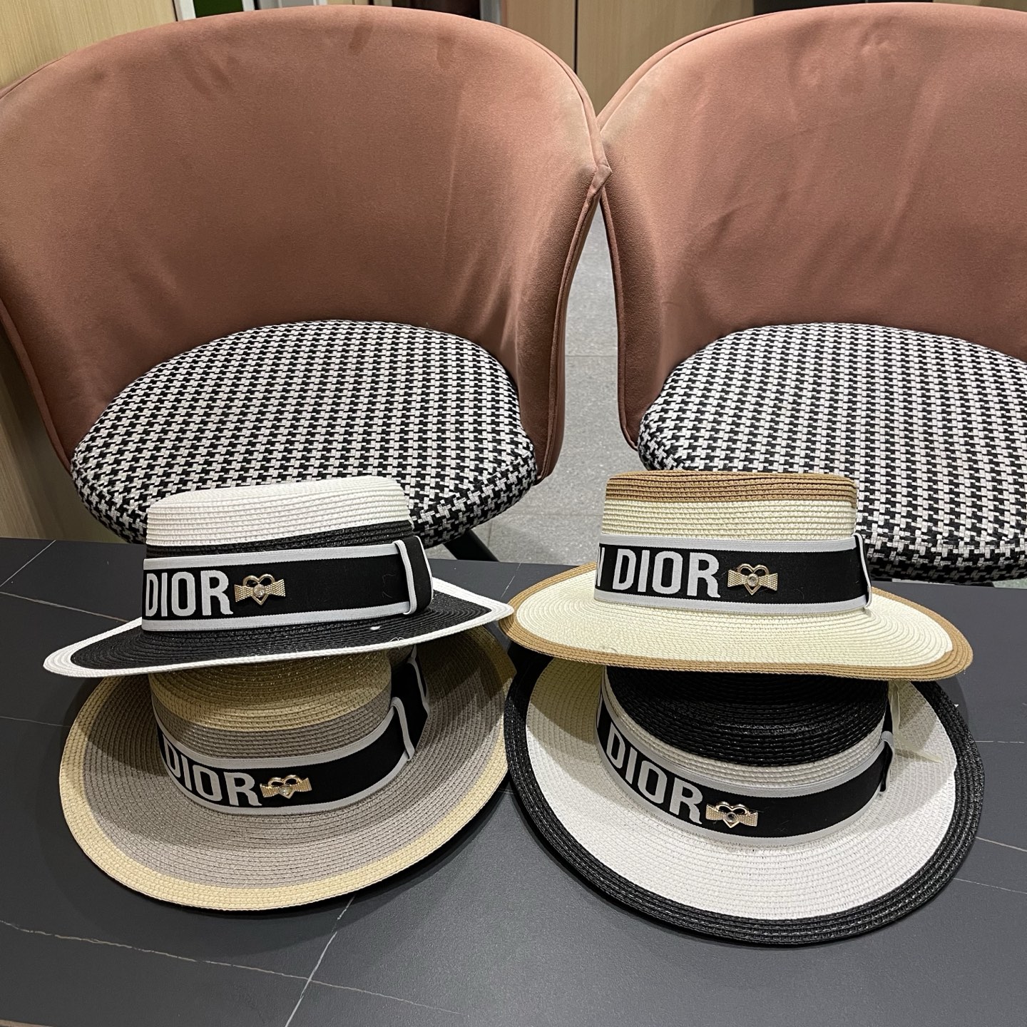 Dior迪奥新款拼色平顶草帽 头围57cm