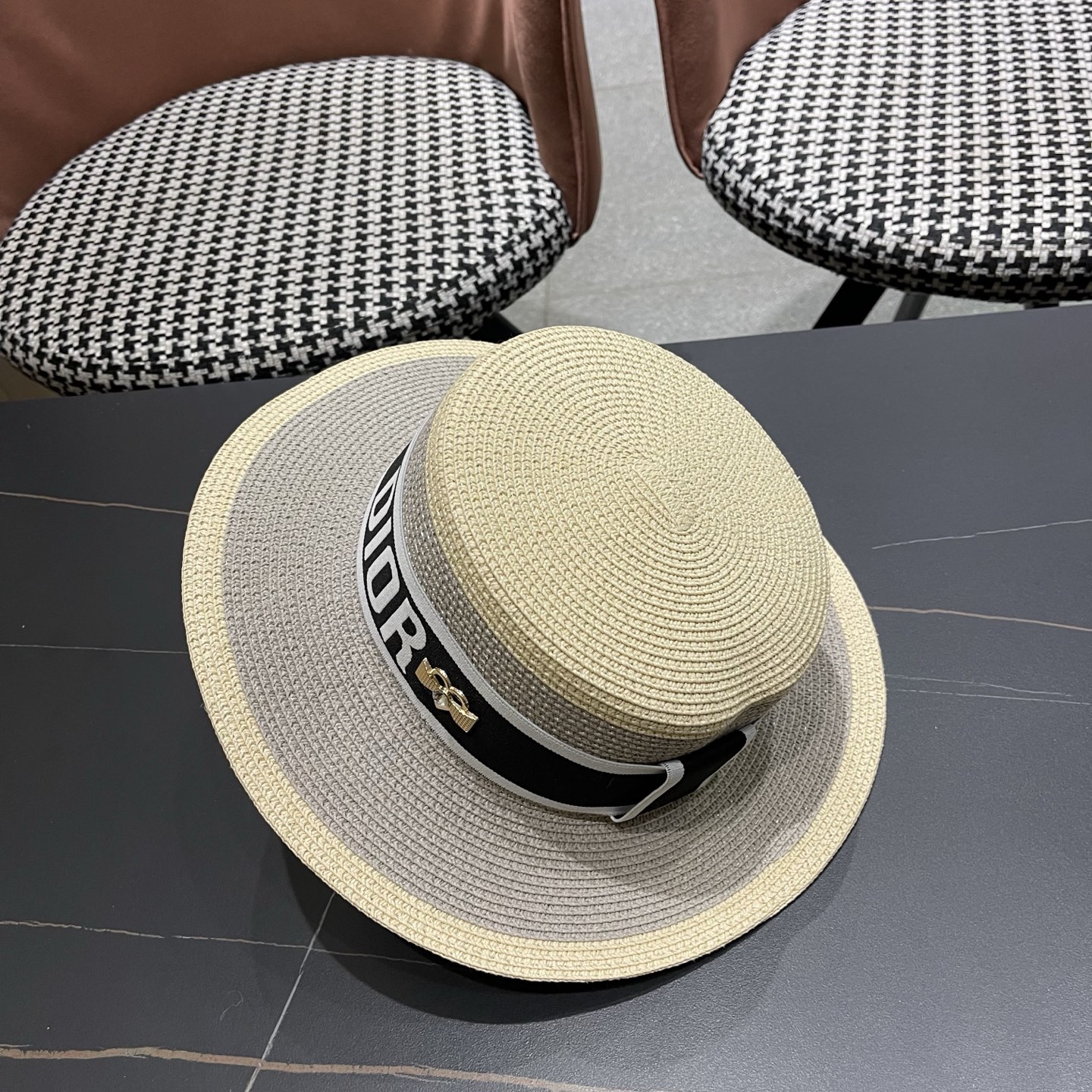 Dior迪奥新款拼色平顶草帽 头围57cm