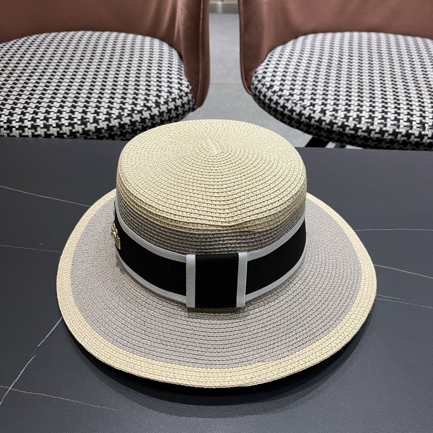 Dior迪奥新款拼色平顶草帽 头围57cm