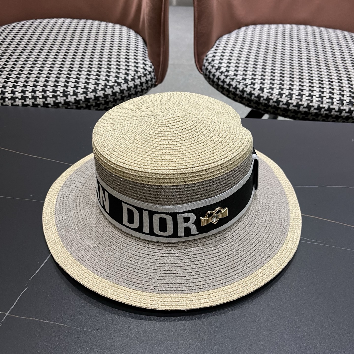 Dior迪奥新款拼色平顶草帽 头围57cm