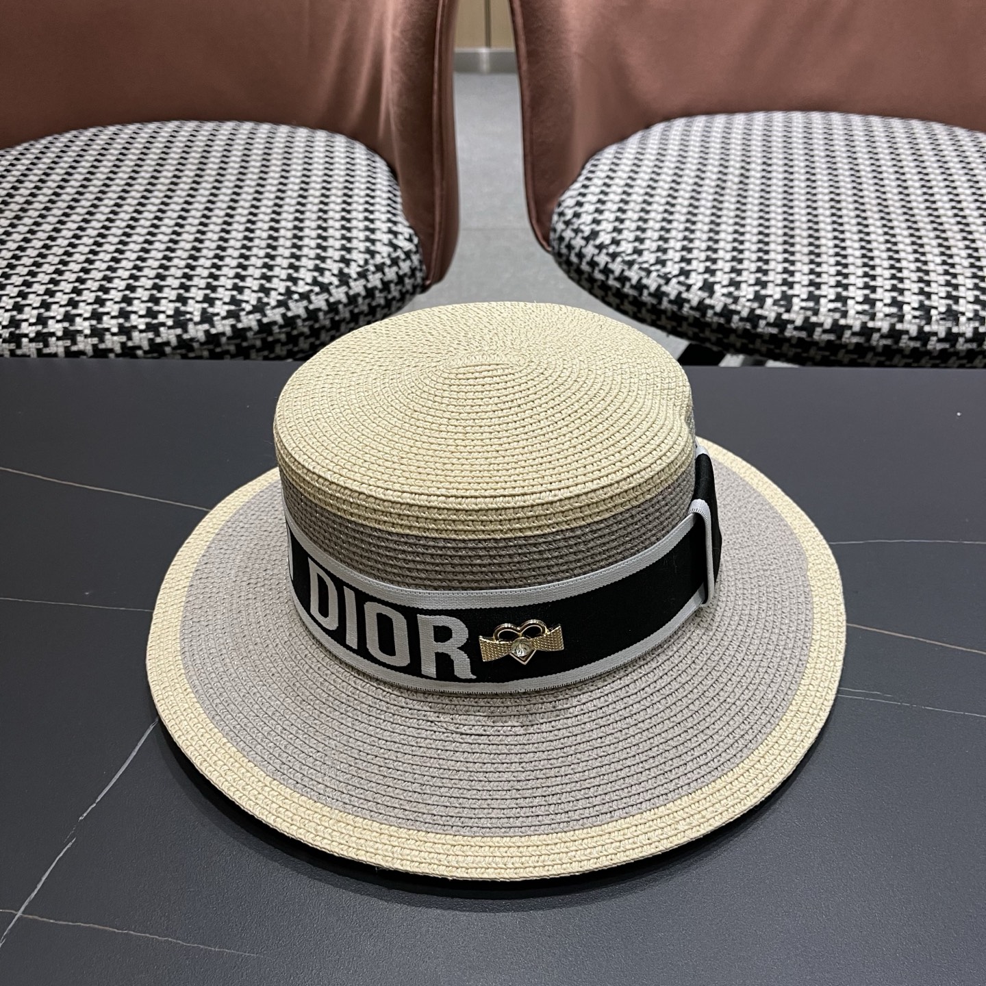 Dior迪奥新款拼色平顶草帽 头围57cm