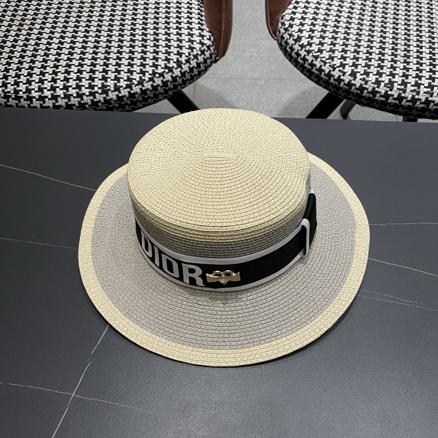 Dior迪奥新款拼色平顶草帽 头围57cm