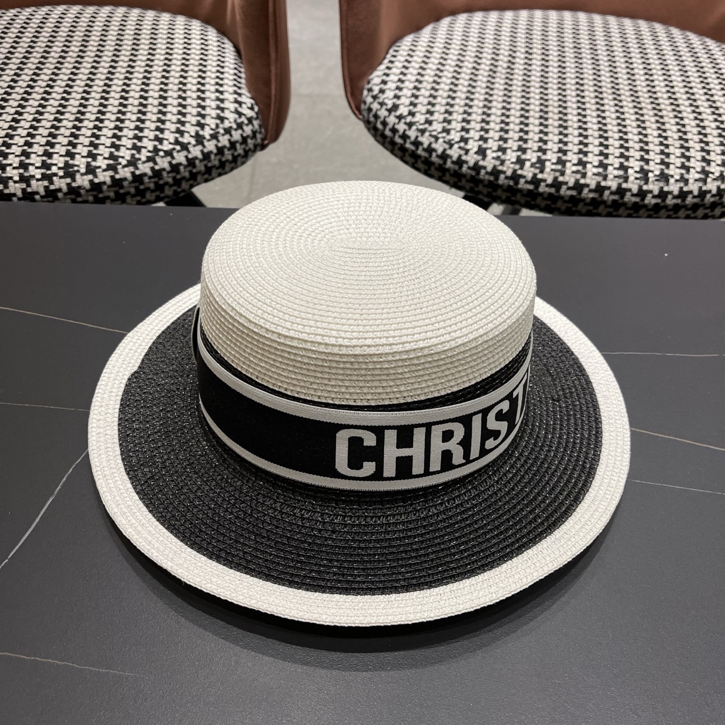 Dior迪奥新款拼色平顶草帽 头围57cm