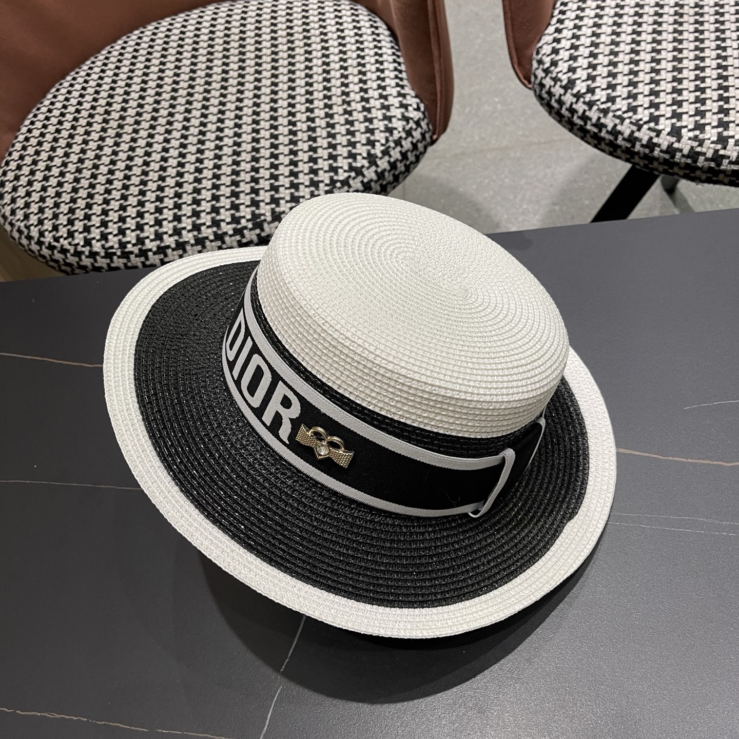 Dior迪奥新款拼色平顶草帽 头围57cm