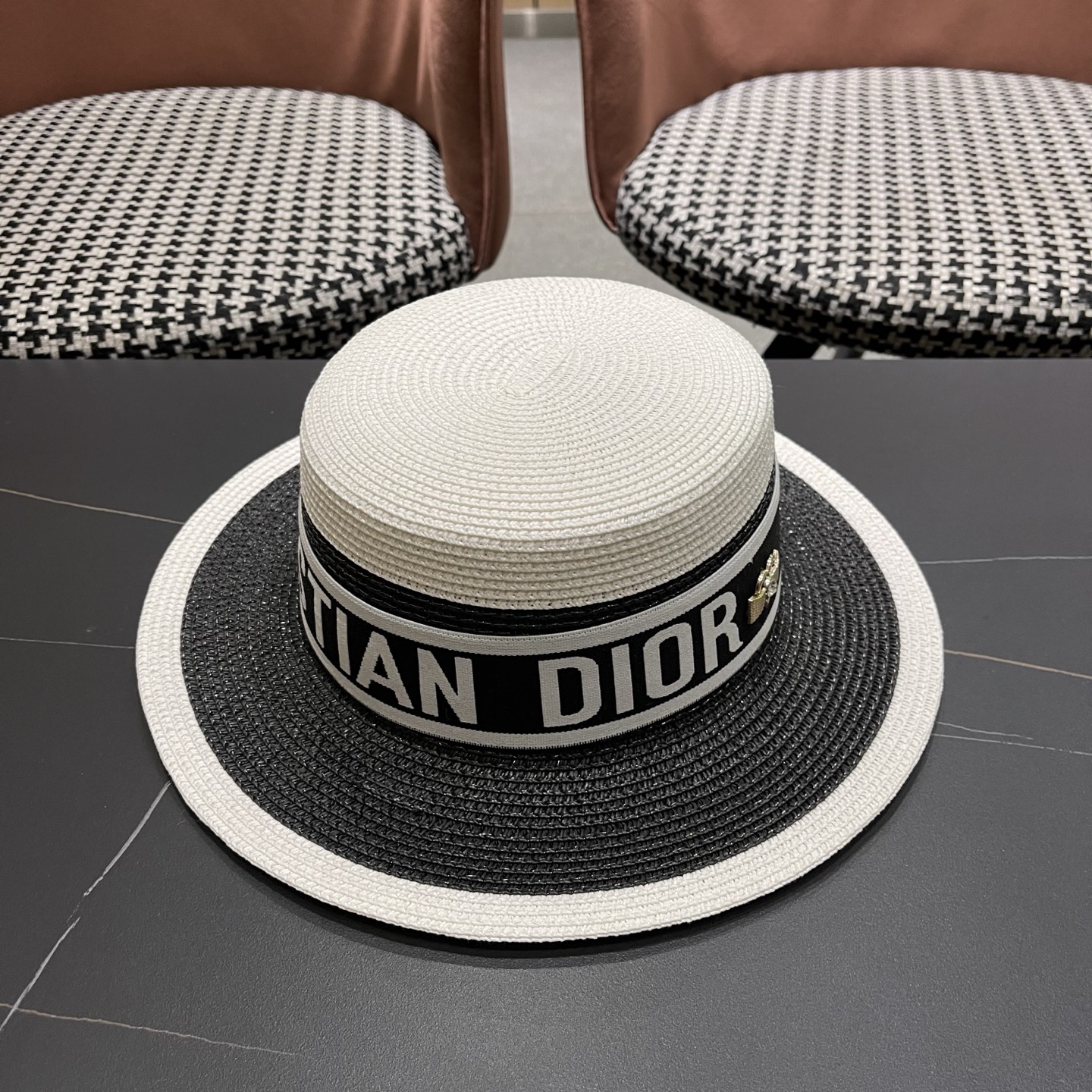 Dior迪奥新款拼色平顶草帽 头围57cm