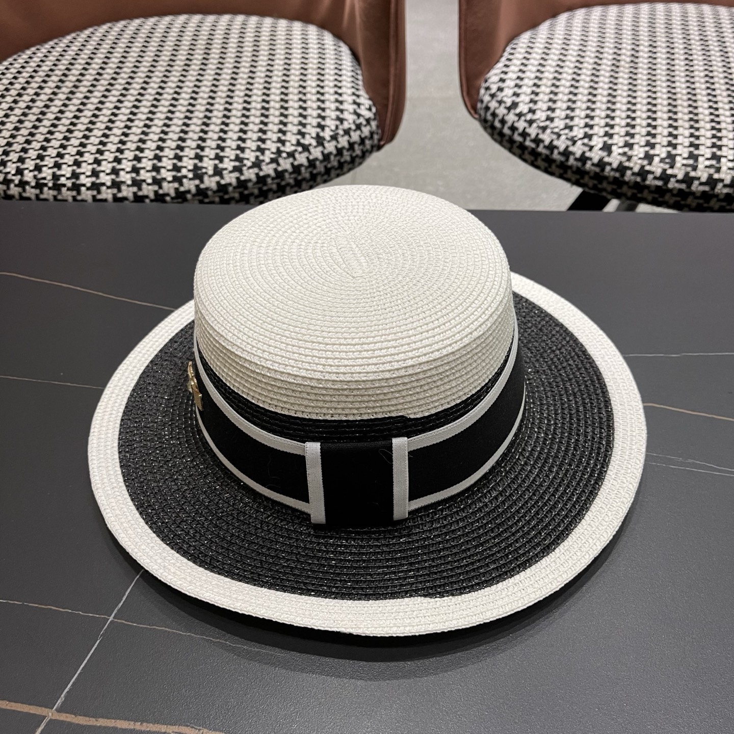 Dior迪奥新款拼色平顶草帽 头围57cm