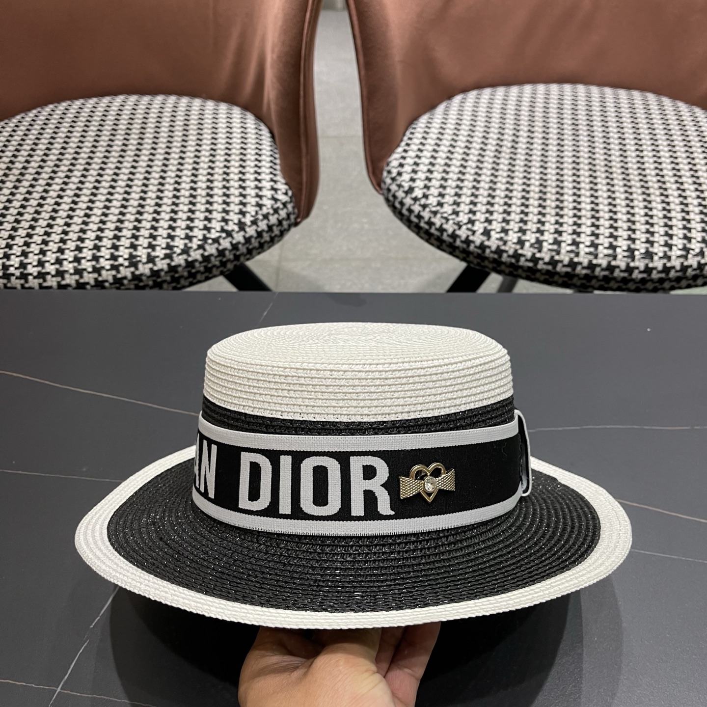 Dior迪奥新款拼色平顶草帽 头围57cm