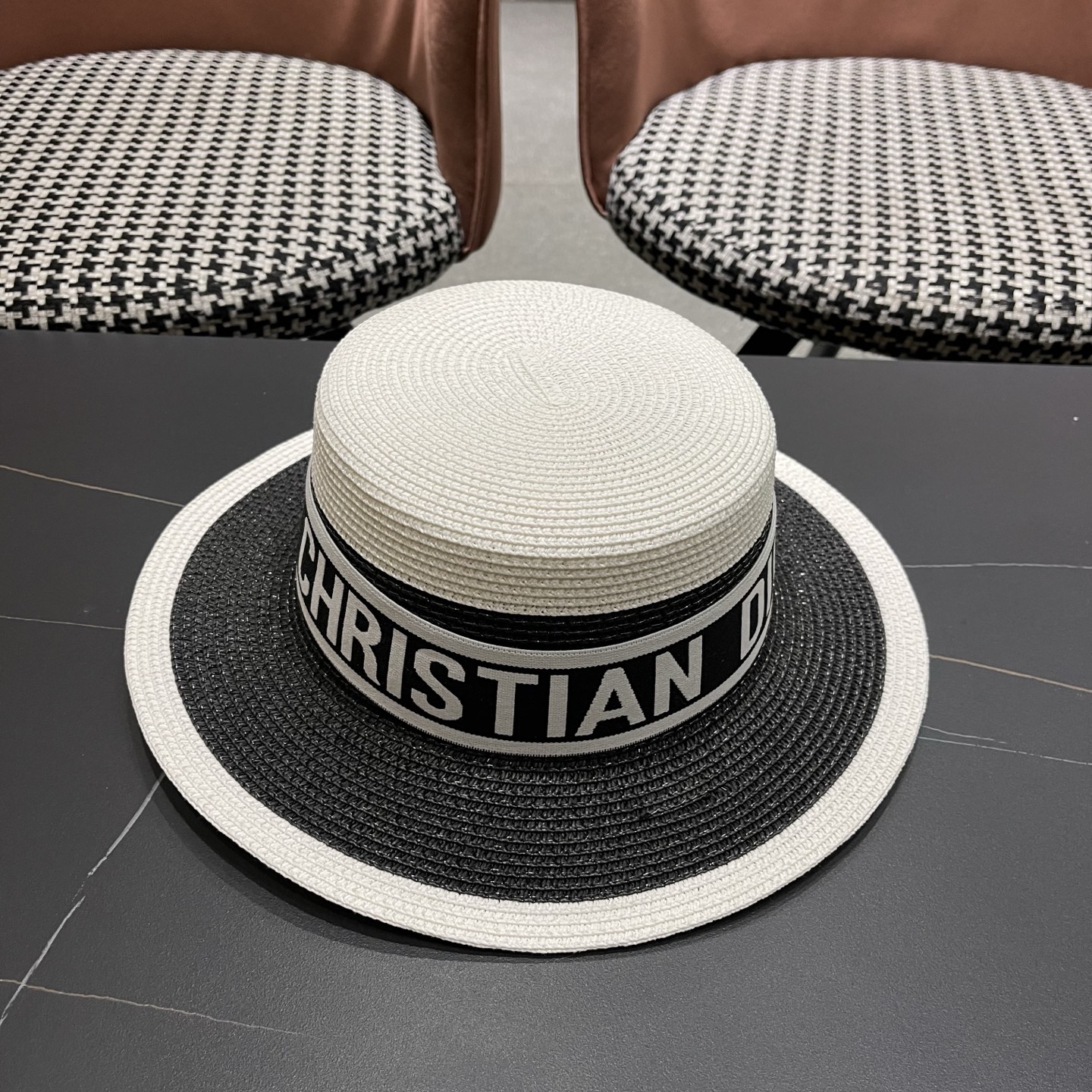 Dior迪奥新款拼色平顶草帽 头围57cm