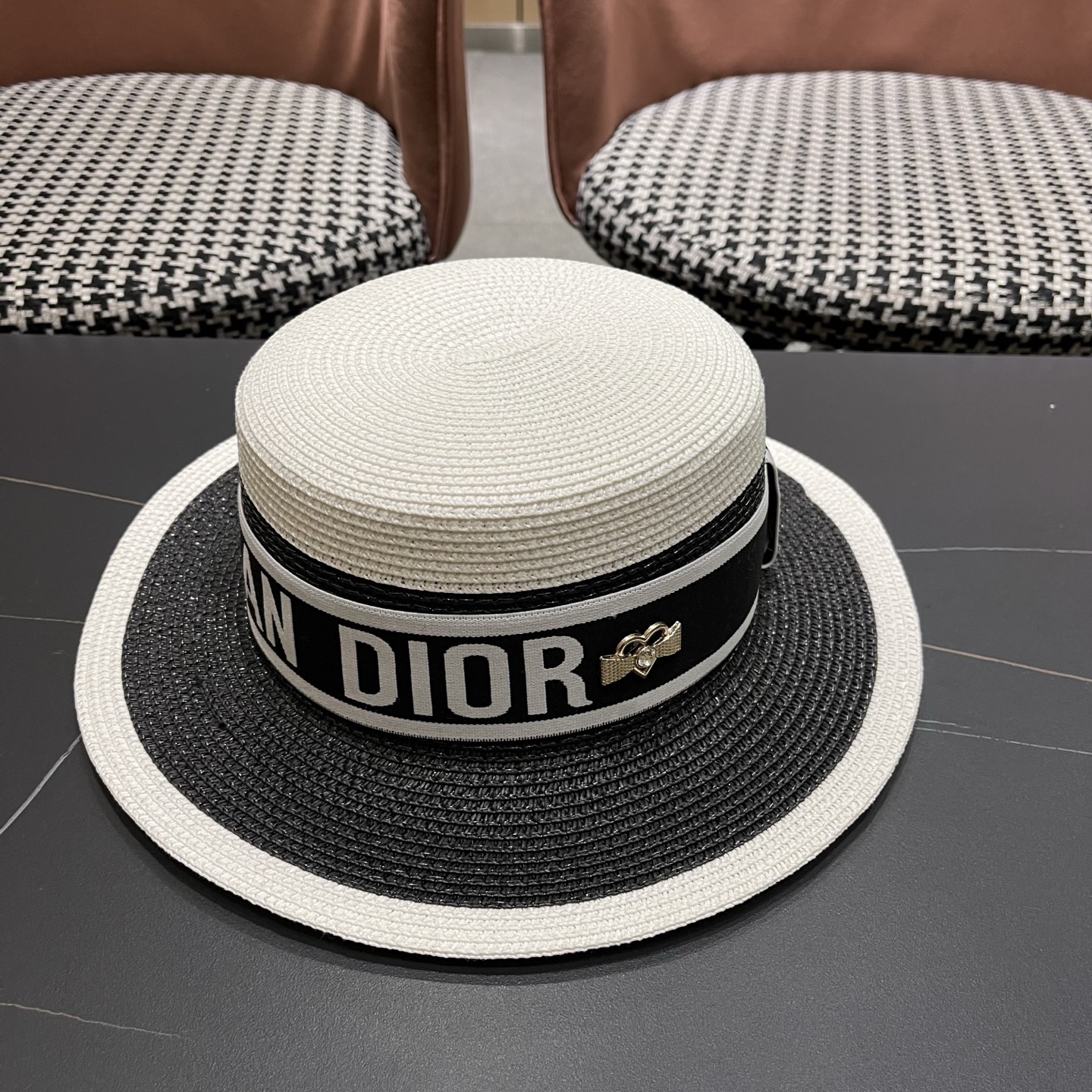 Dior迪奥新款拼色平顶草帽 头围57cm