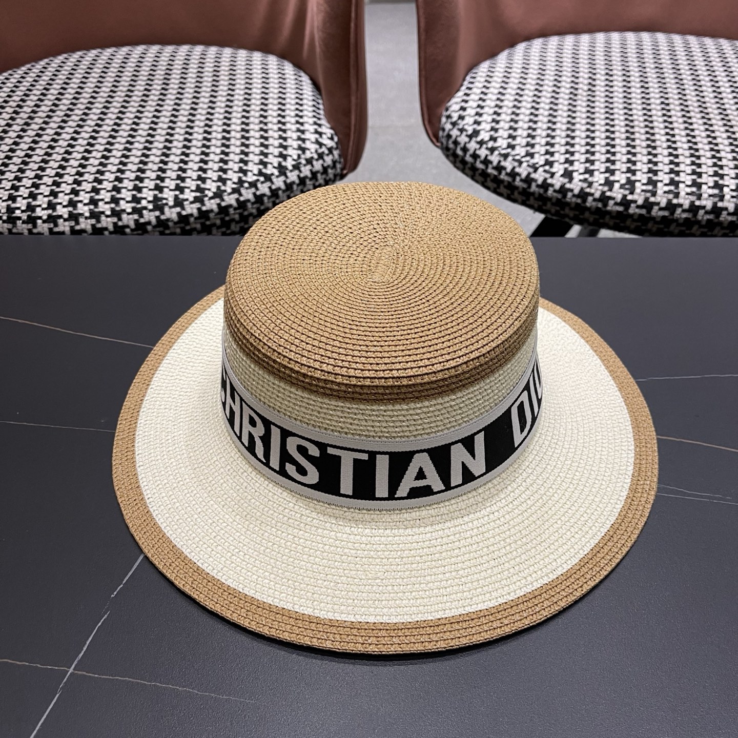 Dior迪奥新款拼色平顶草帽 头围57cm