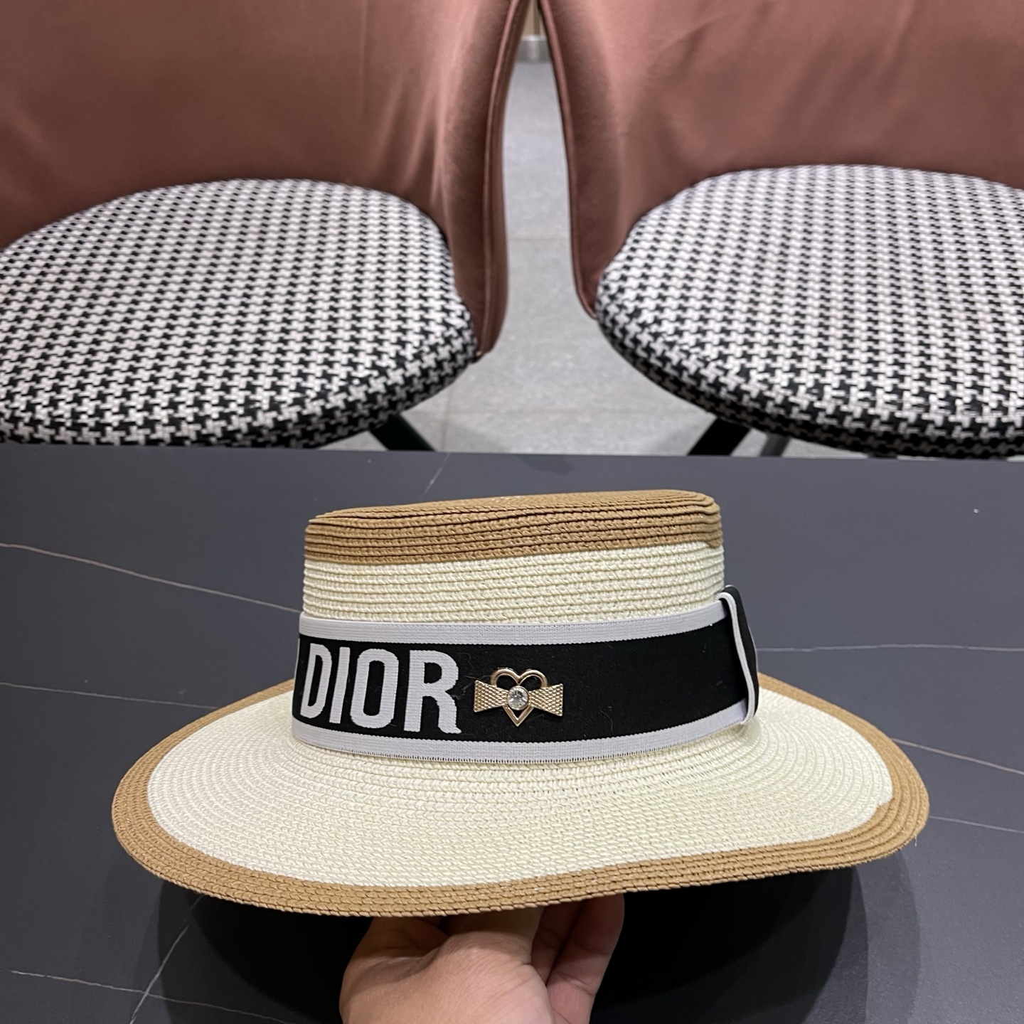 Dior迪奥新款拼色平顶草帽 头围57cm