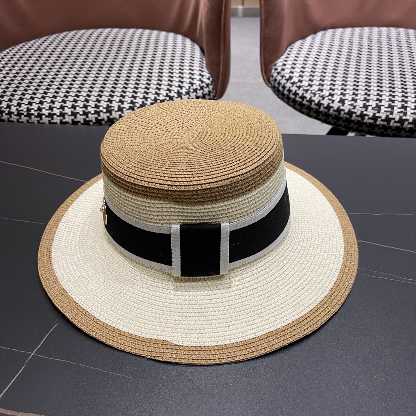 Dior迪奥新款拼色平顶草帽 头围57cm