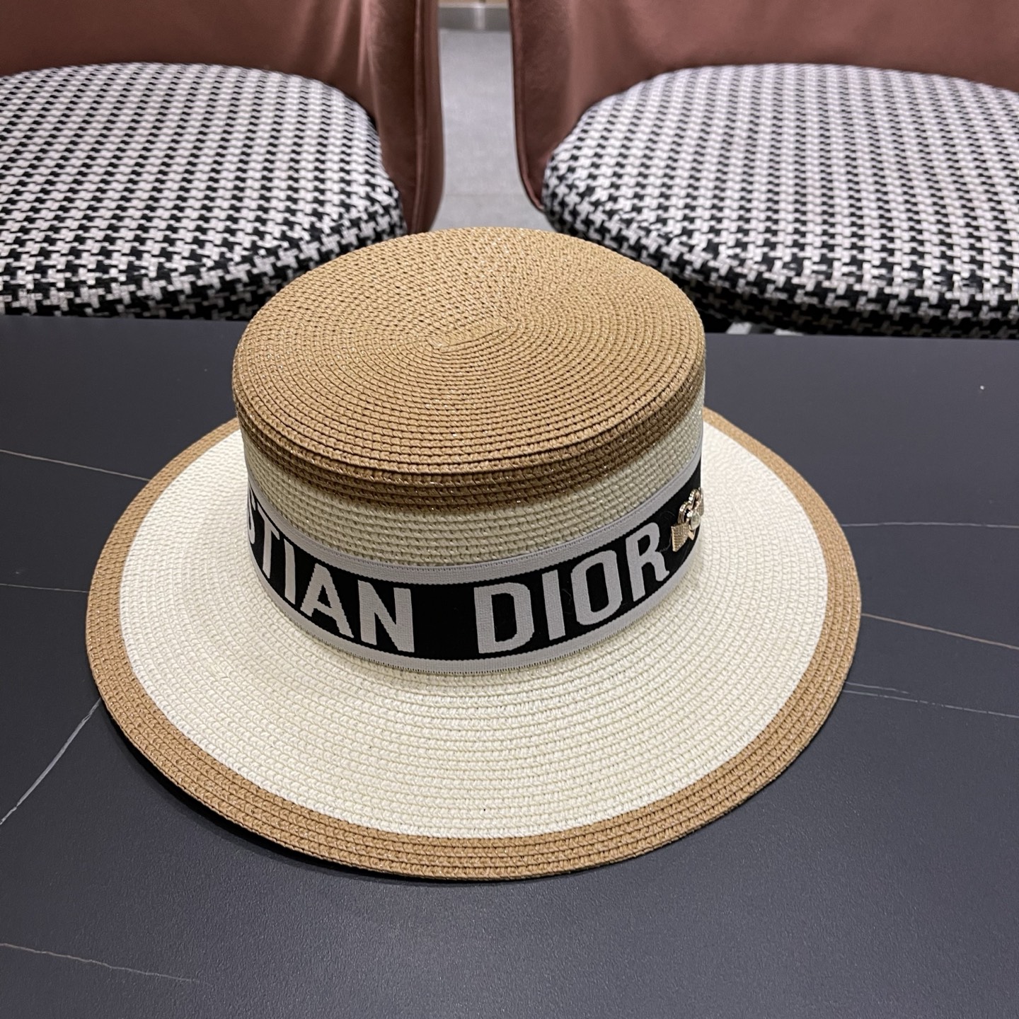 Dior迪奥新款拼色平顶草帽 头围57cm