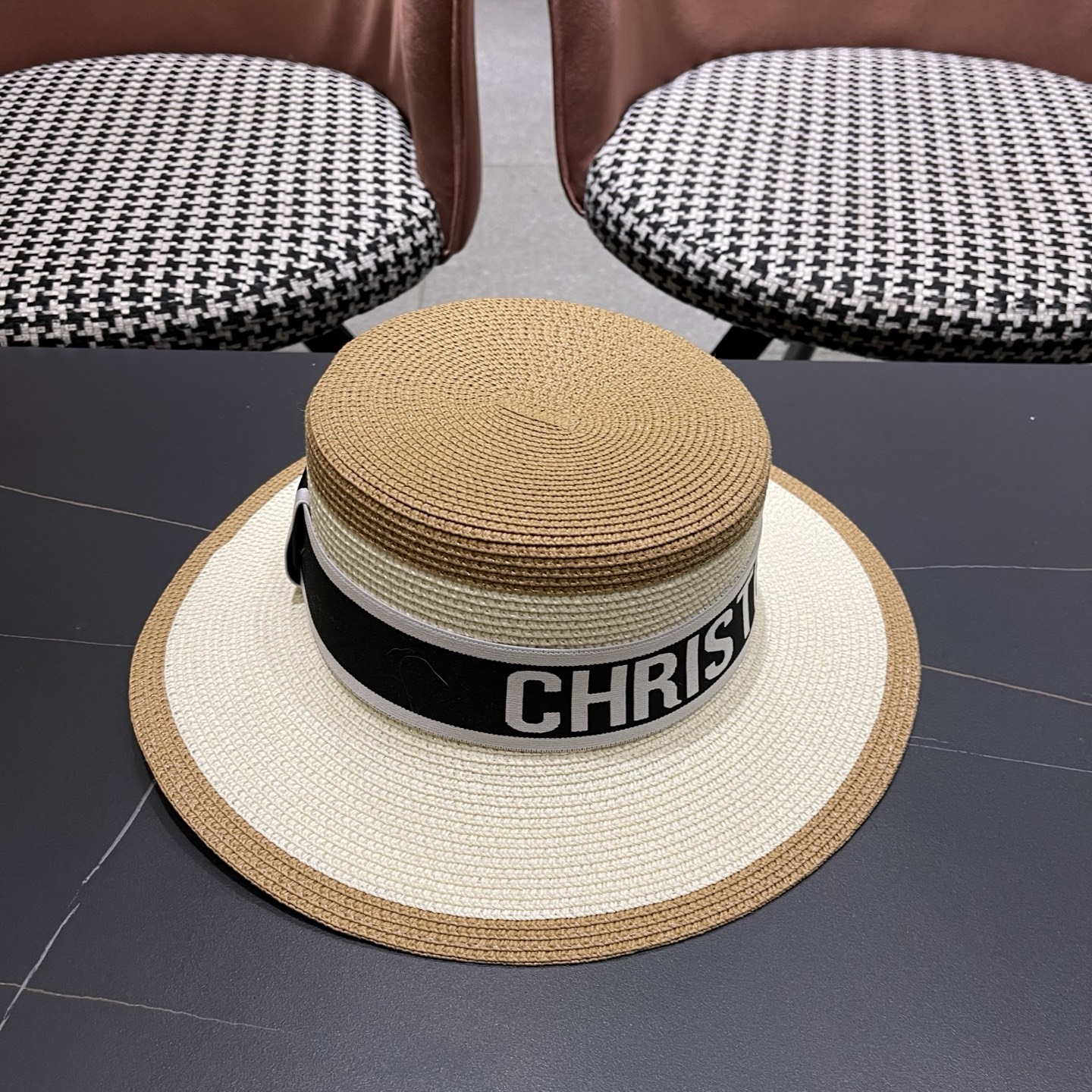 Dior迪奥新款拼色平顶草帽 头围57cm