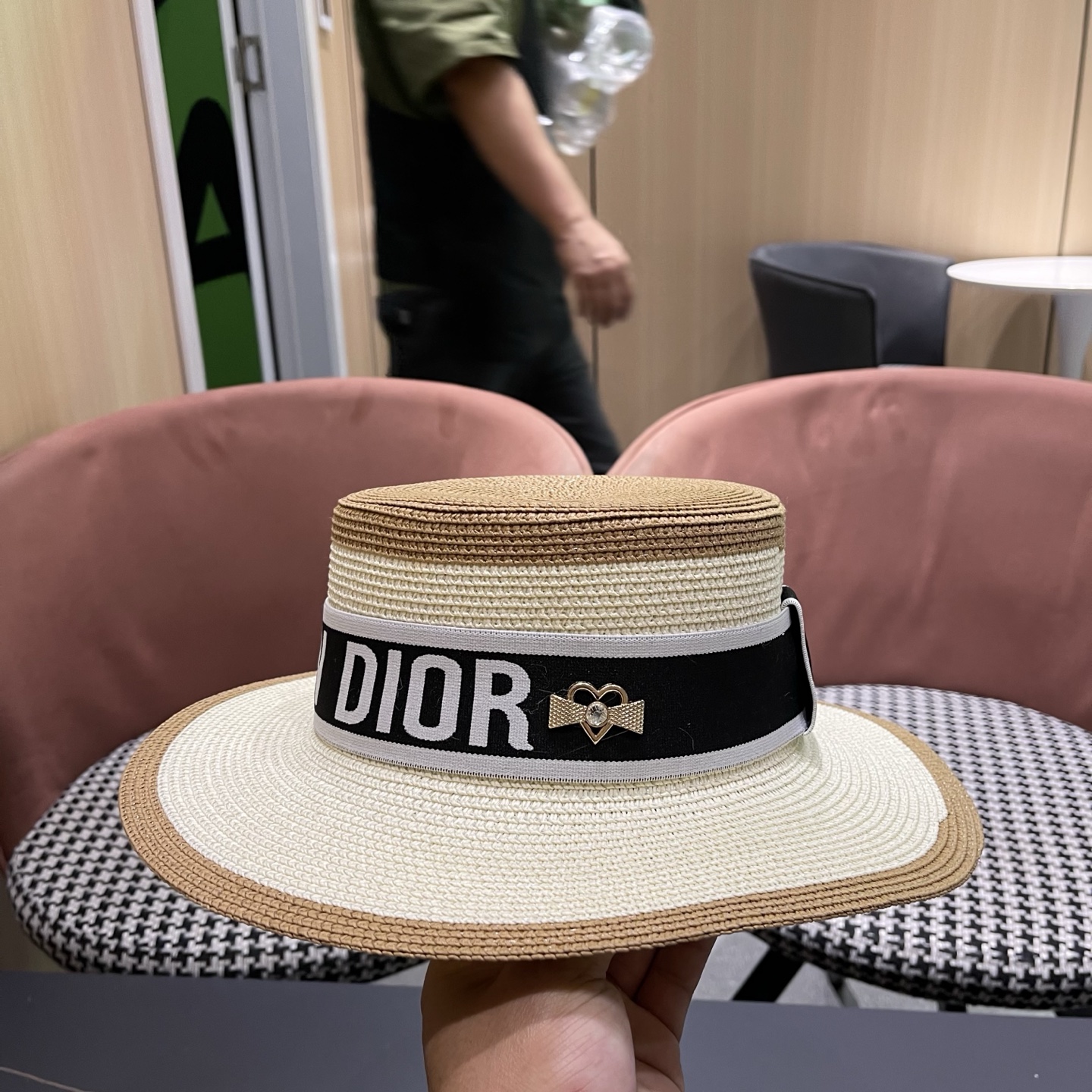 Dior迪奥新款拼色平顶草帽 头围57cm