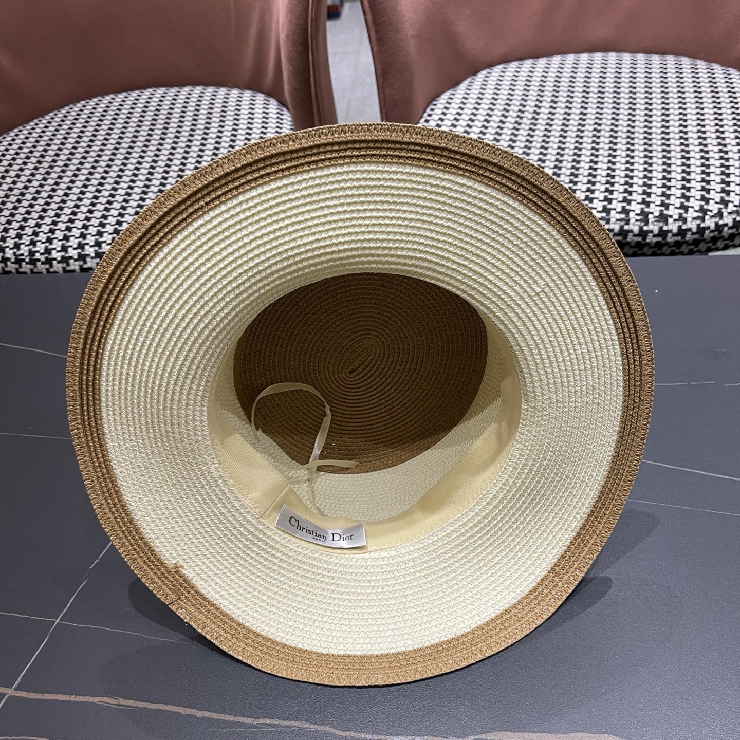 Dior迪奥新款拼色平顶草帽 头围57cm