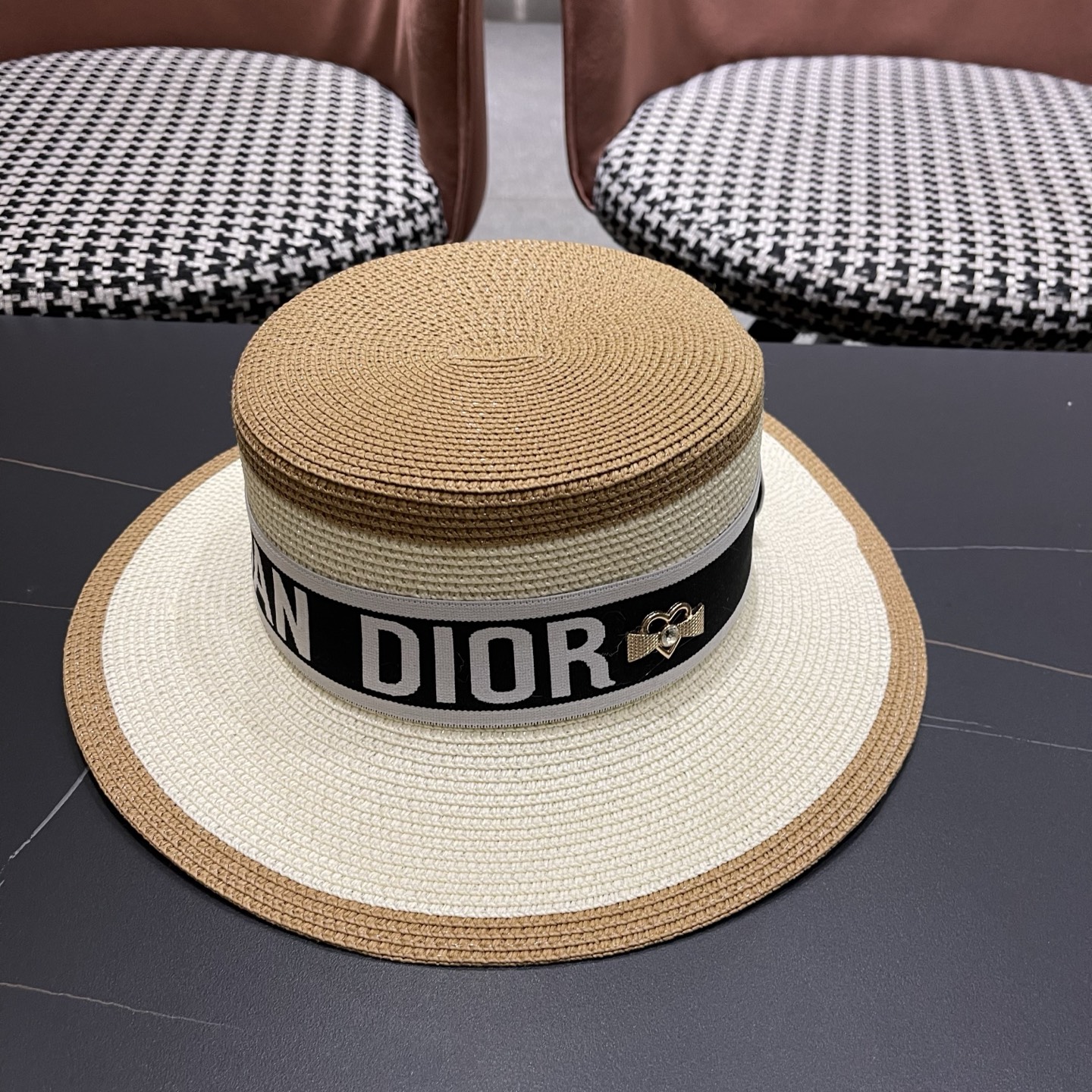 Dior迪奥新款拼色平顶草帽 头围57cm