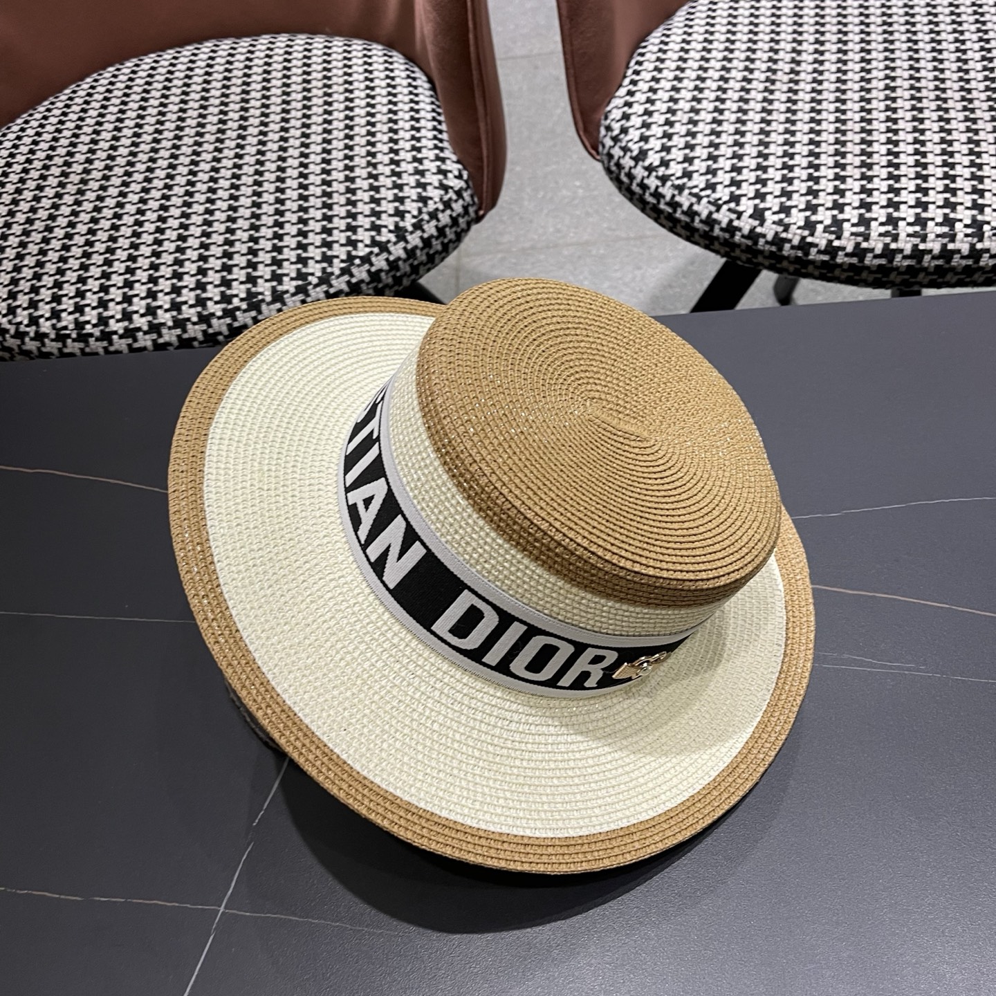 Dior迪奥新款拼色平顶草帽 头围57cm