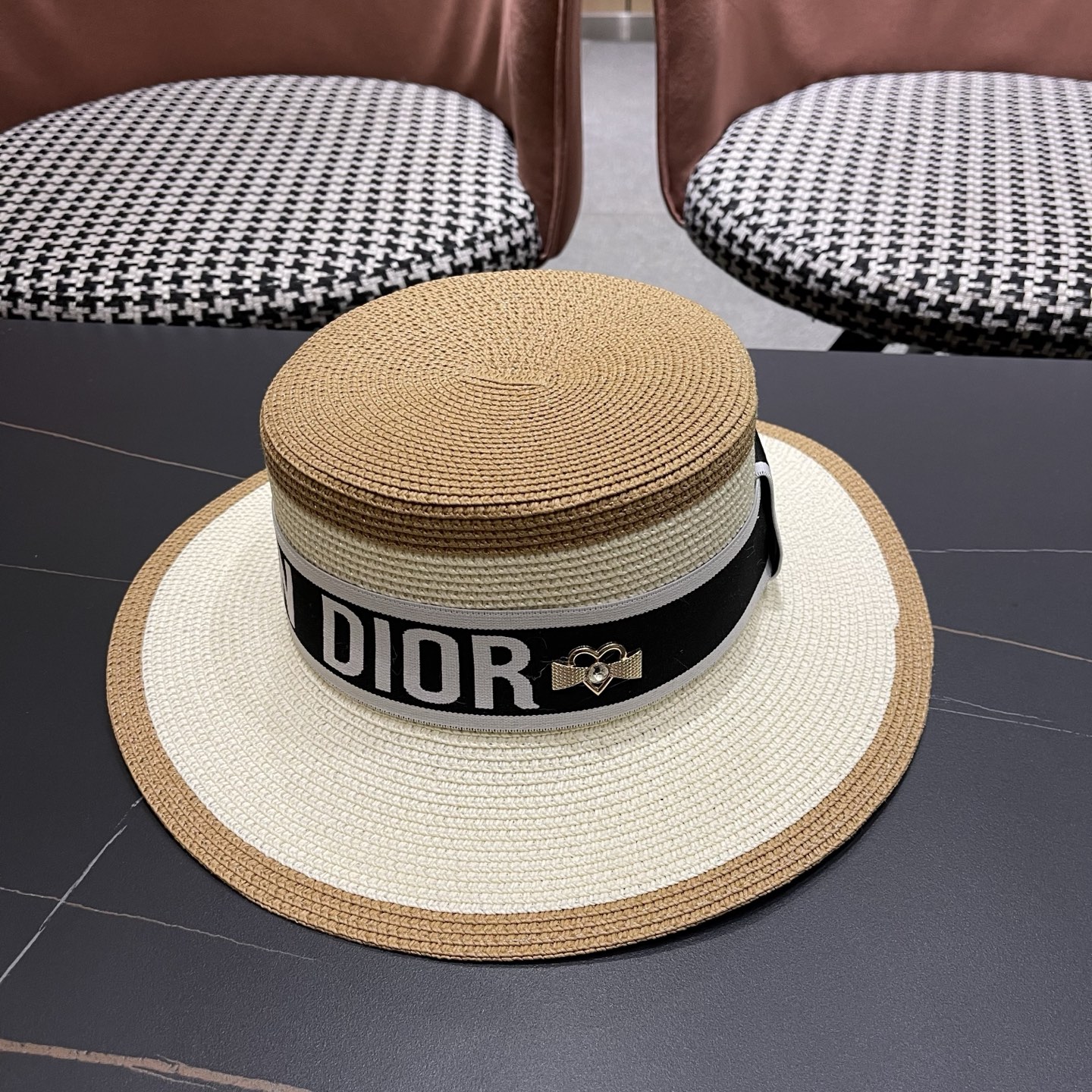 Dior迪奥新款拼色平顶草帽 头围57cm