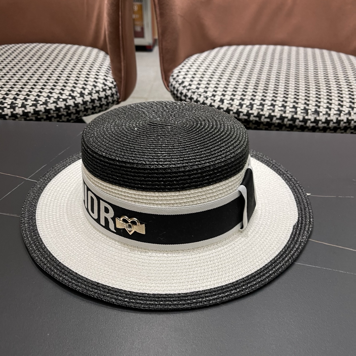 Dior迪奥新款拼色平顶草帽 头围57cm