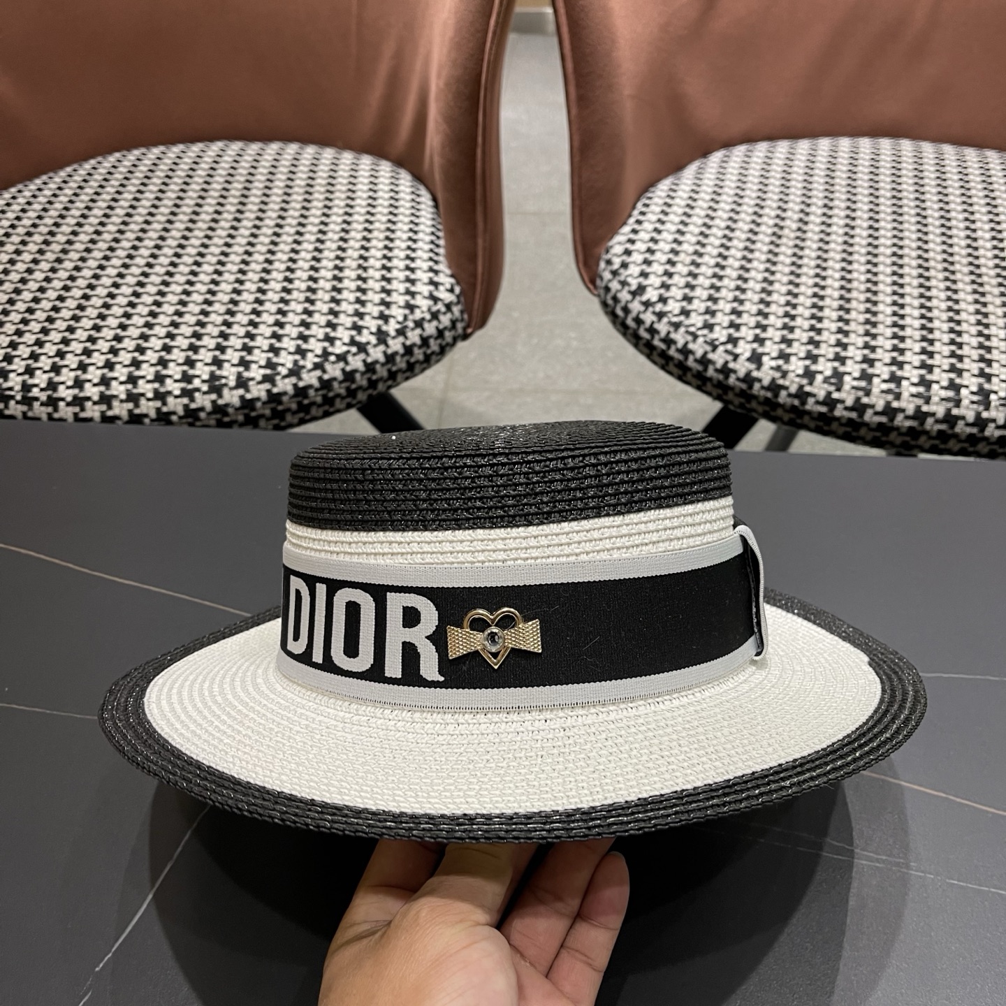 Dior迪奥新款拼色平顶草帽 头围57cm