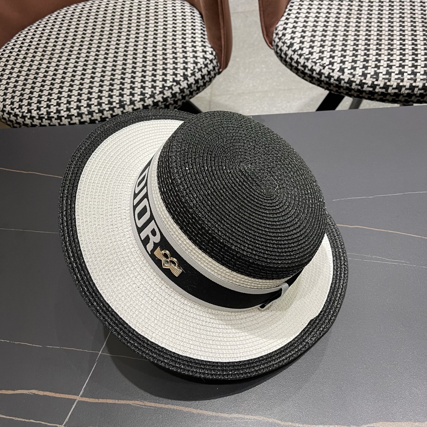 Dior迪奥新款拼色平顶草帽 头围57cm