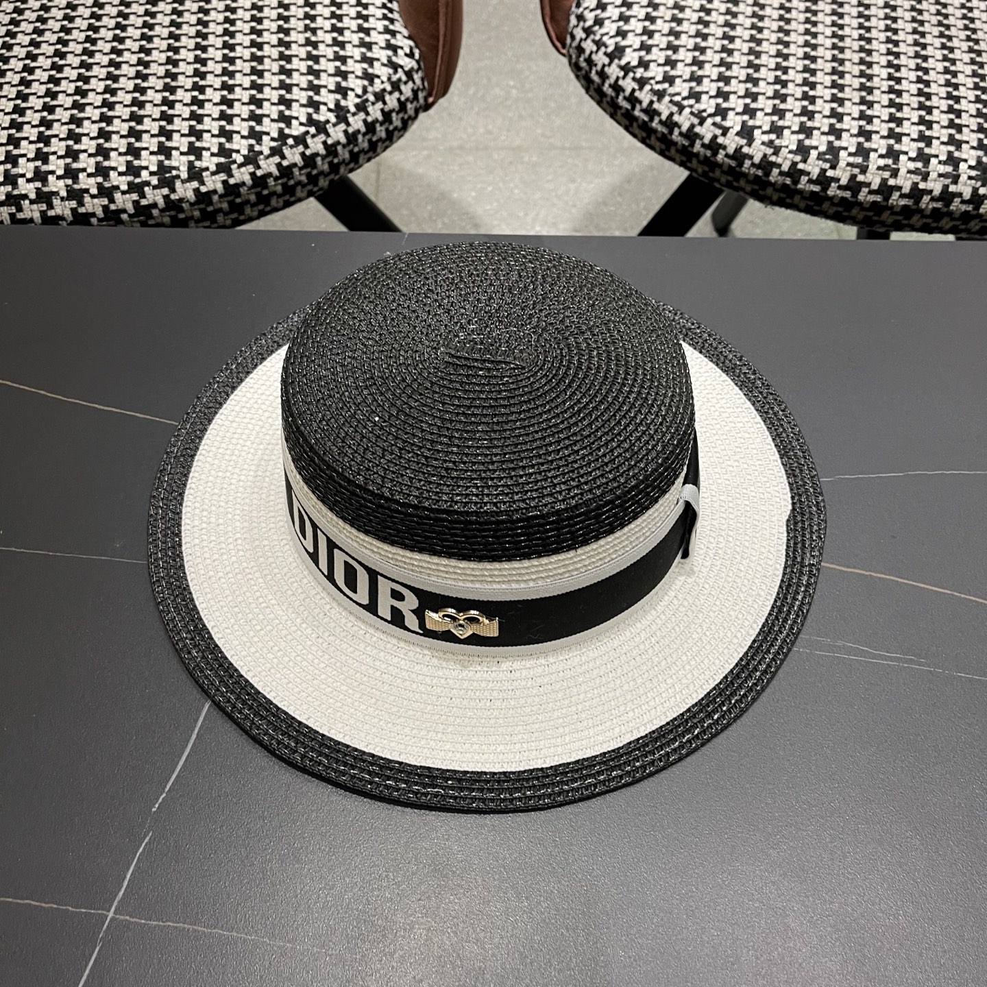 Dior迪奥新款拼色平顶草帽 头围57cm