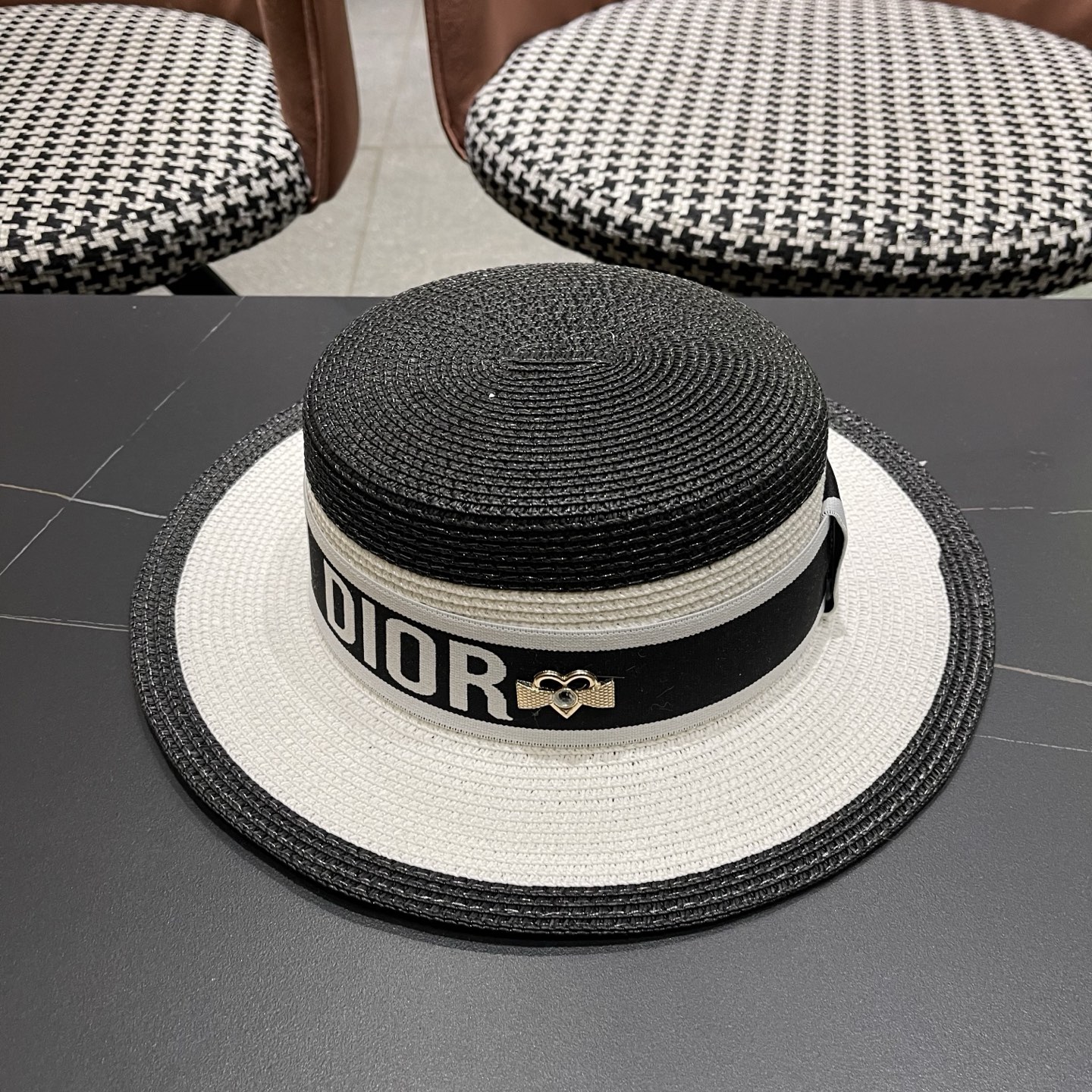 Dior迪奥新款拼色平顶草帽 头围57cm